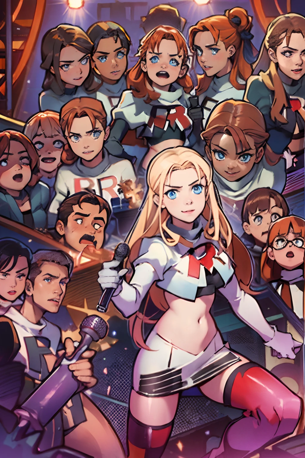 Annette_war's face with a confident and evil smile; she is a beautiful girl with blue eyes, lipstick, long hair, orange hair, She is dressed in a white skirt and a white crop top with a red letter "R" , paired with black thigh-highs and black elbow gloves. On the stage, she stands with a microphone in hand, ready to perform. The crowd eagerly awaits her performance, their anticipation filling the air. As she sings, her voice fills the room, captivating the audience. In the background, the iconic red letter "R" of Team Rocket stands out, representing her affiliation with the group. Annette_war exudes confidence and power, demonstrating her prowess as a member of Team Rocket. The scene is illuminated with vibrant stage lights, adding to the dynamic energy of the performance. The atmosphere is intense and electrifying, transporting the viewers into the captivating world of music and mischief. In this high-quality artwork, the details of Annette_war's face, the stage, and the crowd are ultra-detailed, bringing the image to life. The colors are vivid, creating a visually stunning masterpiece that captures the essence of Annette_war's ,team rocket uniform,white jacket, white skirt, black thighhigh boots, midriff, black elbow gloves, annette_war