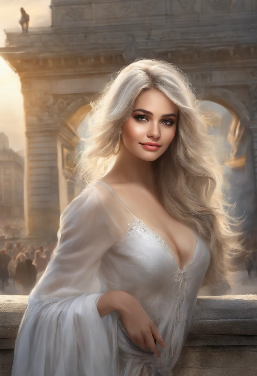 (8K、top-quality、tmasterpiece:1.2)、 (hentail realism、Photorealsitic:1.37)、 ultra - detailed、DJ Soda、 1 girl in、full body Esbian、Wear a turtleneck sweater and skinny jeans、Stand on the streets of Paris,In the background is the Arc de Triomphe、 Cute Turtle、独奏、 Beautiful detailed sky、 (A smile:1.15)、(Mouth closed)、 smallunderboob、 beatiful detailed eyes、 (long whitr hair:1.2)、 Floating Hair Novafrog Style、