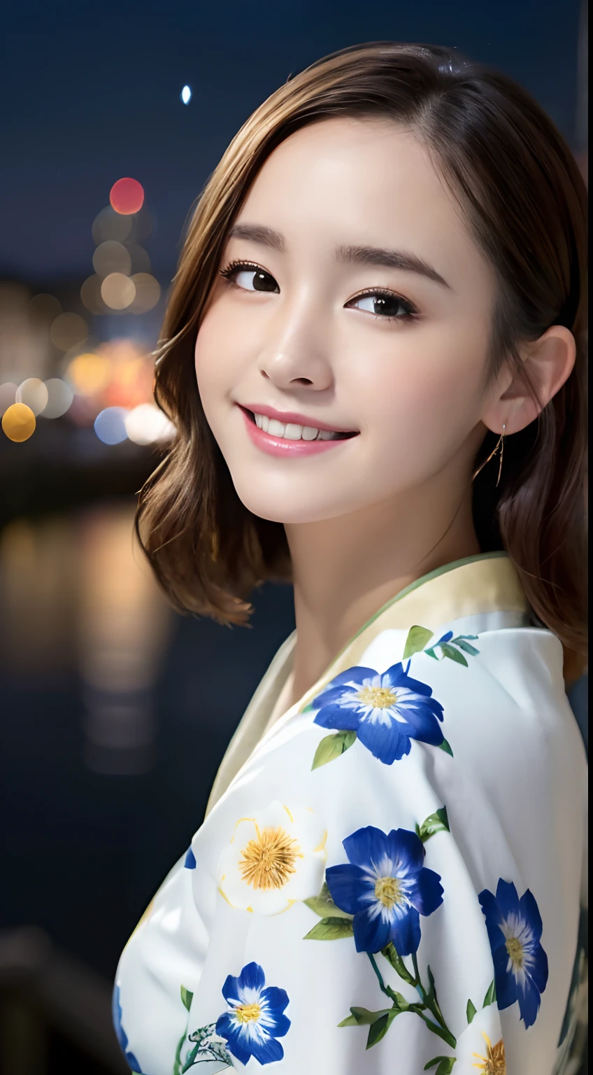 (A hyper-realistic), (hight resolution), (8K), (ighly detailed),  (beatiful detailed eyes), (top-quality), (ultra-detailliert), (​masterpiece), (Detailed face), selfee、faces、softfocus、Kimono、Floral kimono、japanes,  Smile、hair adornments、Japan houses、face of emma watson、Night view、under the starry sky