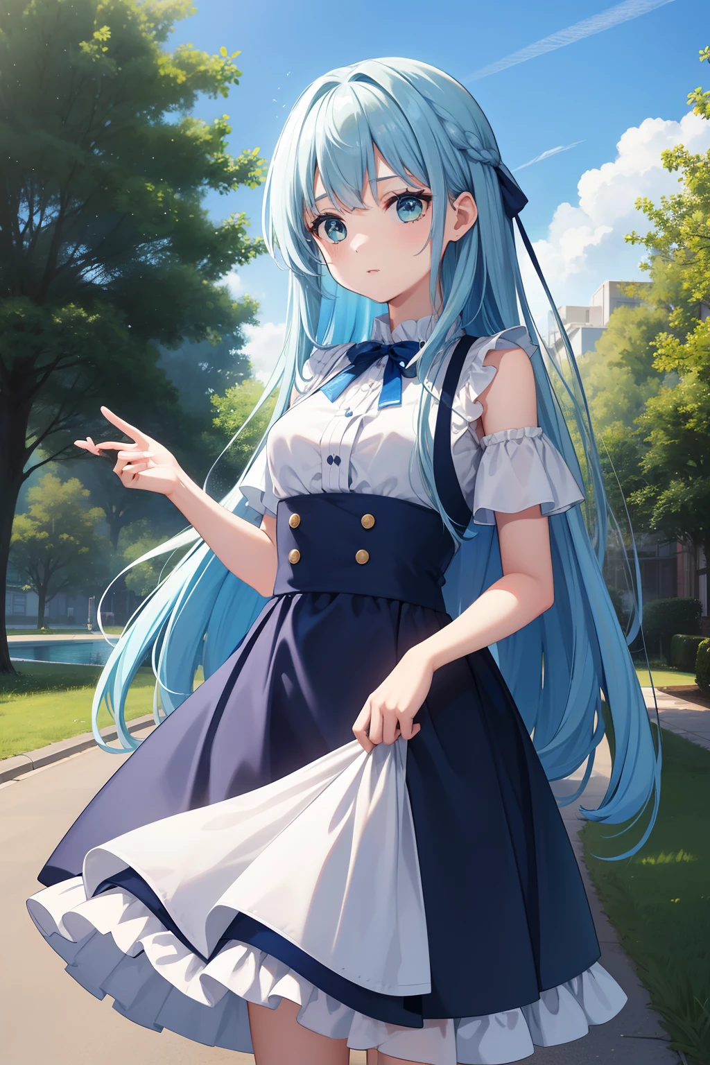 1 girl in、Blue Long Hair、Twin-tailed、Green eyes、Drawn from a specific angle、Looking at the camera、delicate finger、beautiful ilumination、fuffy dress、Navy blue skirt,Outdoor scene in the background、(High resolution of the highest quality)、((Masterpieces of the highest quality:1.2))
