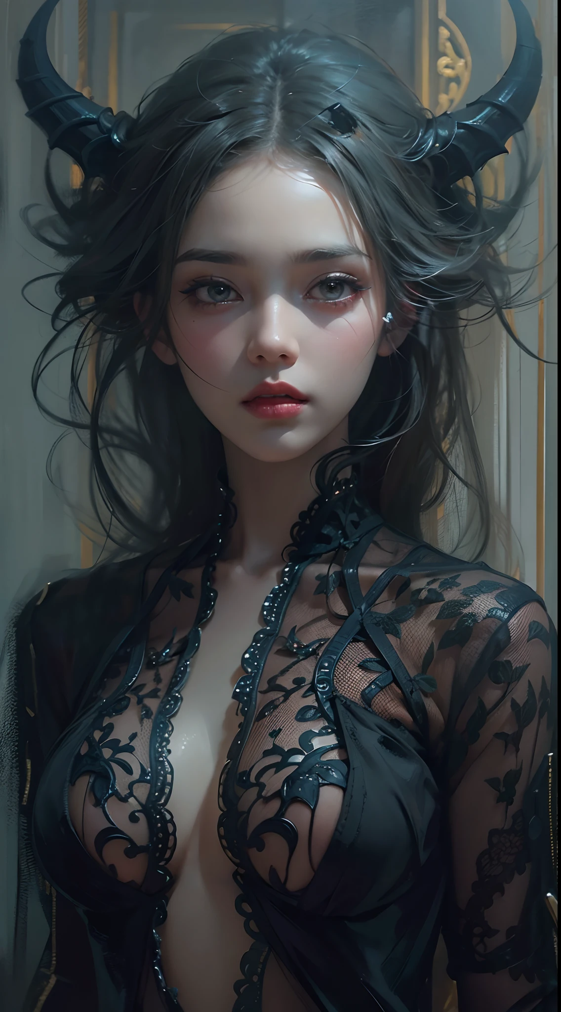 ((Intricate details)),Dark fantasy (/Style/), GLOOMY AMBIANCE, (Beautiful succubus girl, Long hair), (Sexy black lace outfit), (expression) , pastel colour, Sharp focus, Cinematic, (walking pose, Dynamic pose), trending on artstationh, (Majestic oil painting by Ed Brinkie, atey ghailan, author：Jeremy Mann, Greg Manchess),NSFW,style of ohwx, (Beautiful symmetrical puffy eyes)