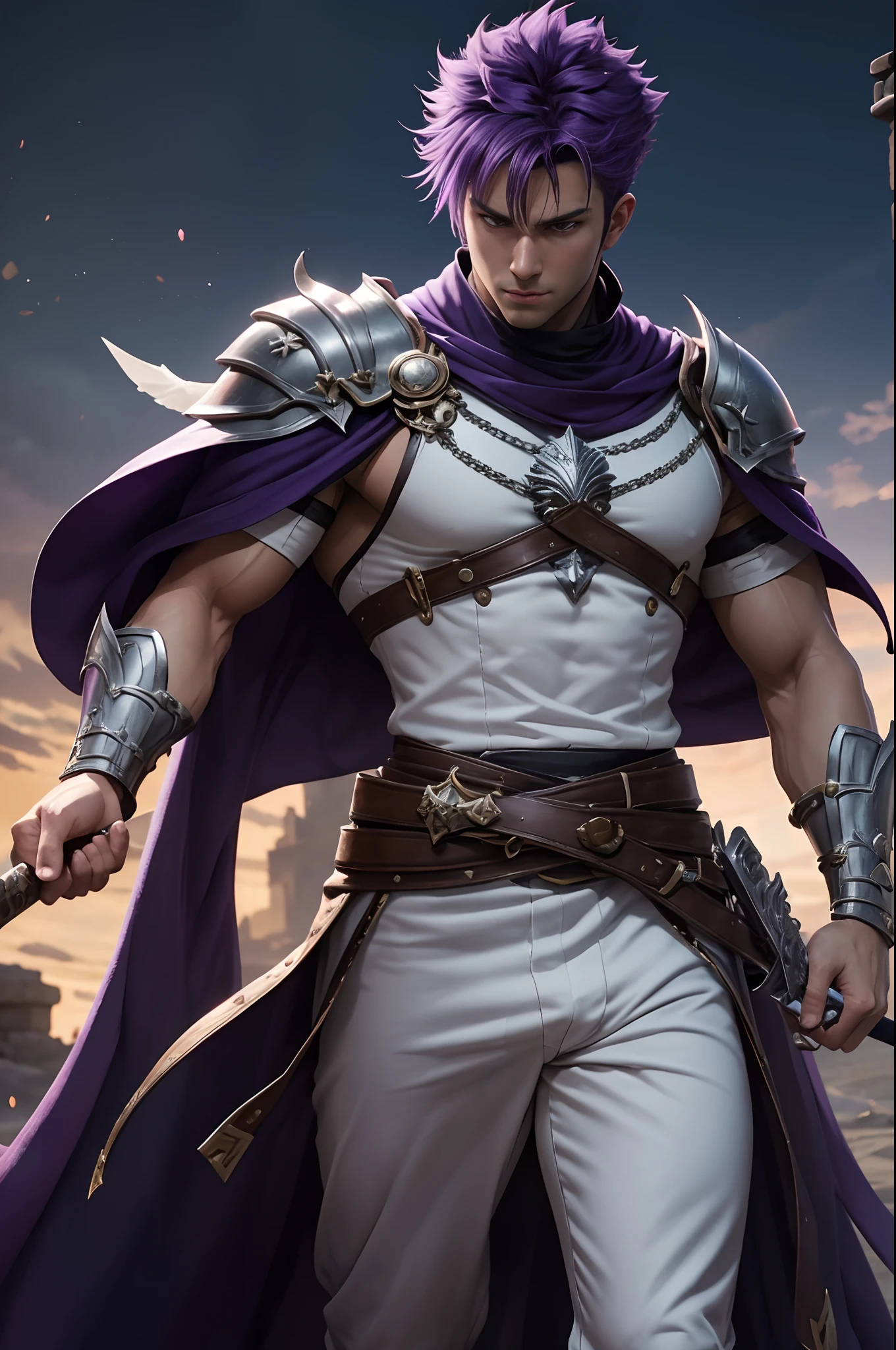 8K,Alafed Men, White and purple exterior,Big sword armament,Super handsome,Purple and white mohawks,Bird-like eyes,Unreal Engine , joseph joestar, Trending in art stations, dio brando, highly detailed exquisite fanart, 3 d render character art 8 k, very detailed Artgerm, Muscular male hero with a thin body, handsome guy in demon slayer art, range murata and artgerm