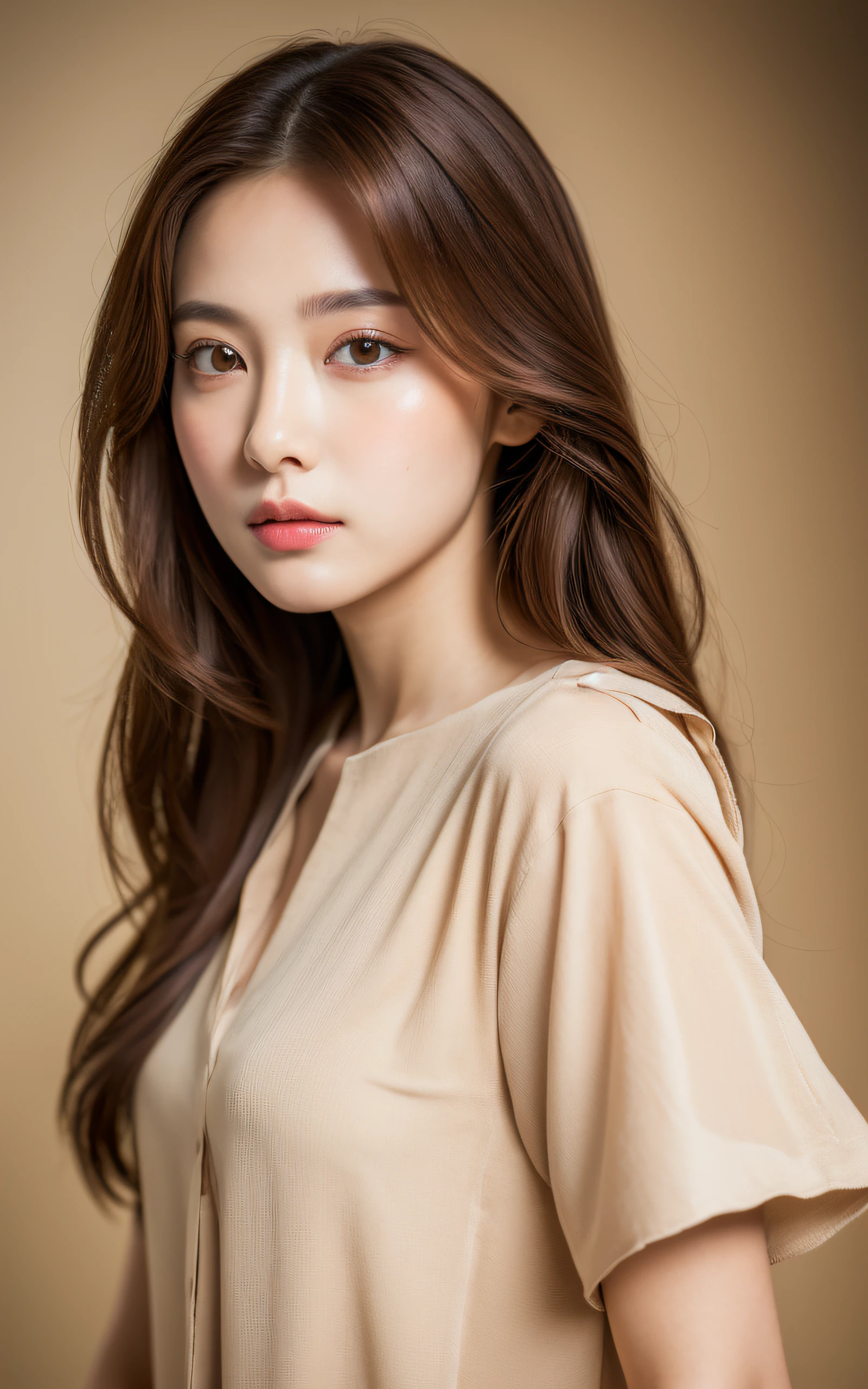 (Masterpiece:1.3), (8k, Photorealistic, RAW Photography, Best Quality: 1.4), soft light, professional lighting, 1girl, very beautiful girl, neat and clean beauty, shy, serious, Brown Medium hair, blouse