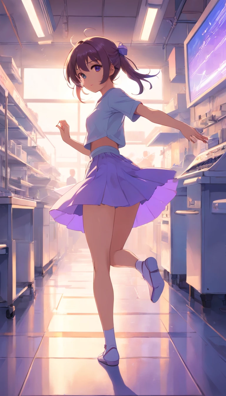 best qualtiy, tmasterpiece, 超高分辨率, realisticlying, 1 girl,White double ponytail,Heterochromic pupils,Long legs,(JK set)plumw,Light purple tube stockings,Light-colored plate shoes,Dance ballet,wide angles