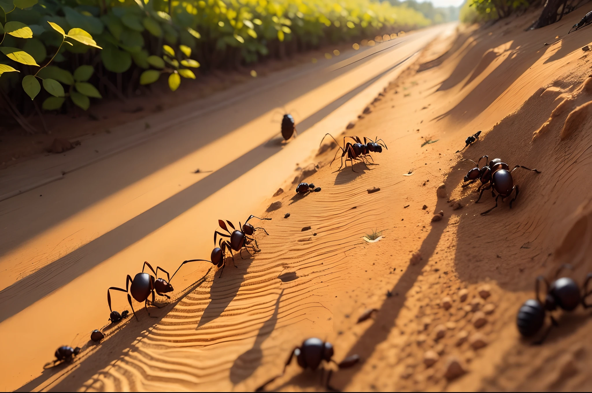 A picture，Large ants with leaves，Follow the little ants along the way，There are footprints on the ground，The little ants move，stickfigure