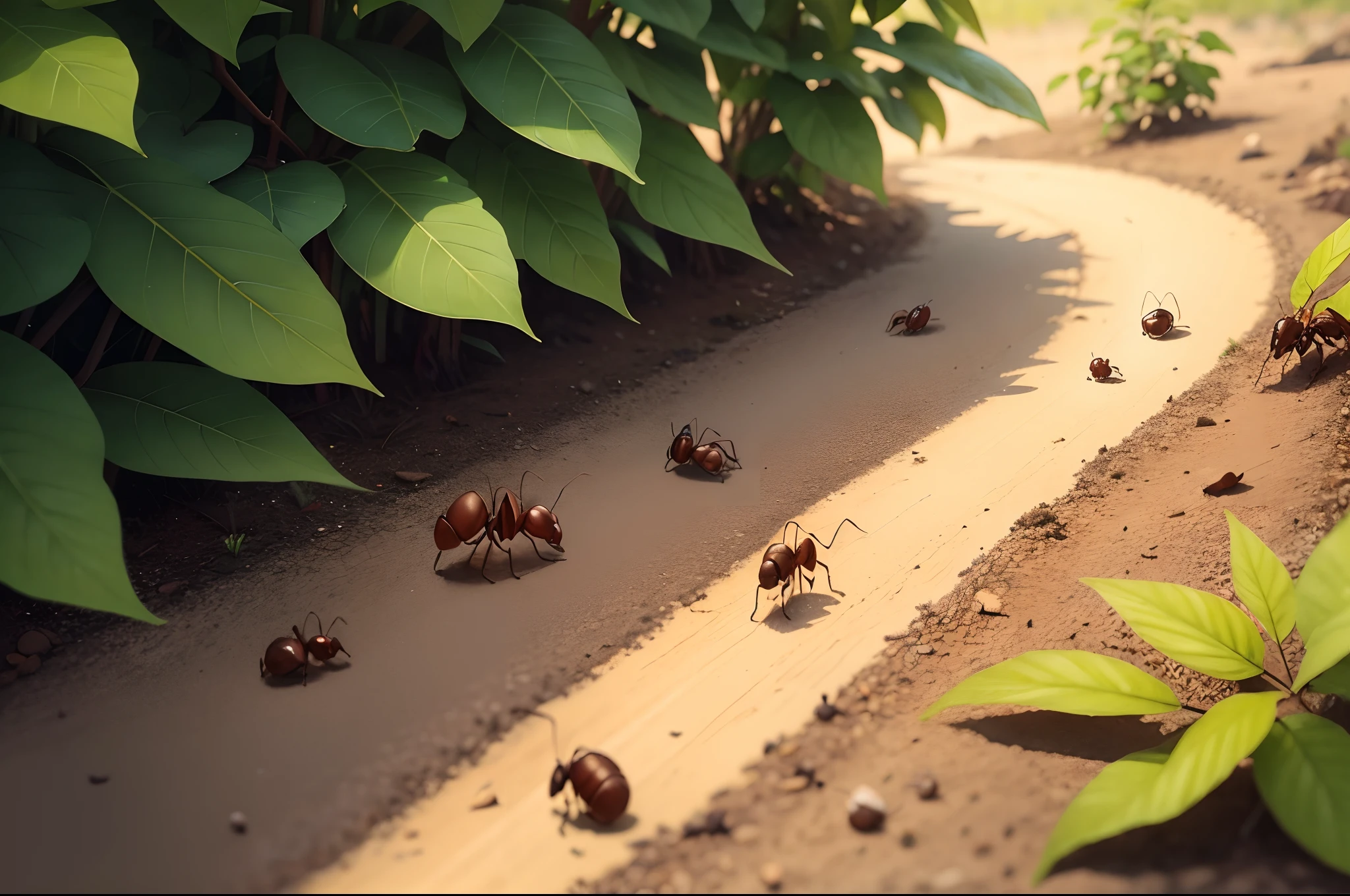 A picture，Large ants with leaves，Follow the little ants along the way，There are footprints on the ground，The little ants move，stickfigure