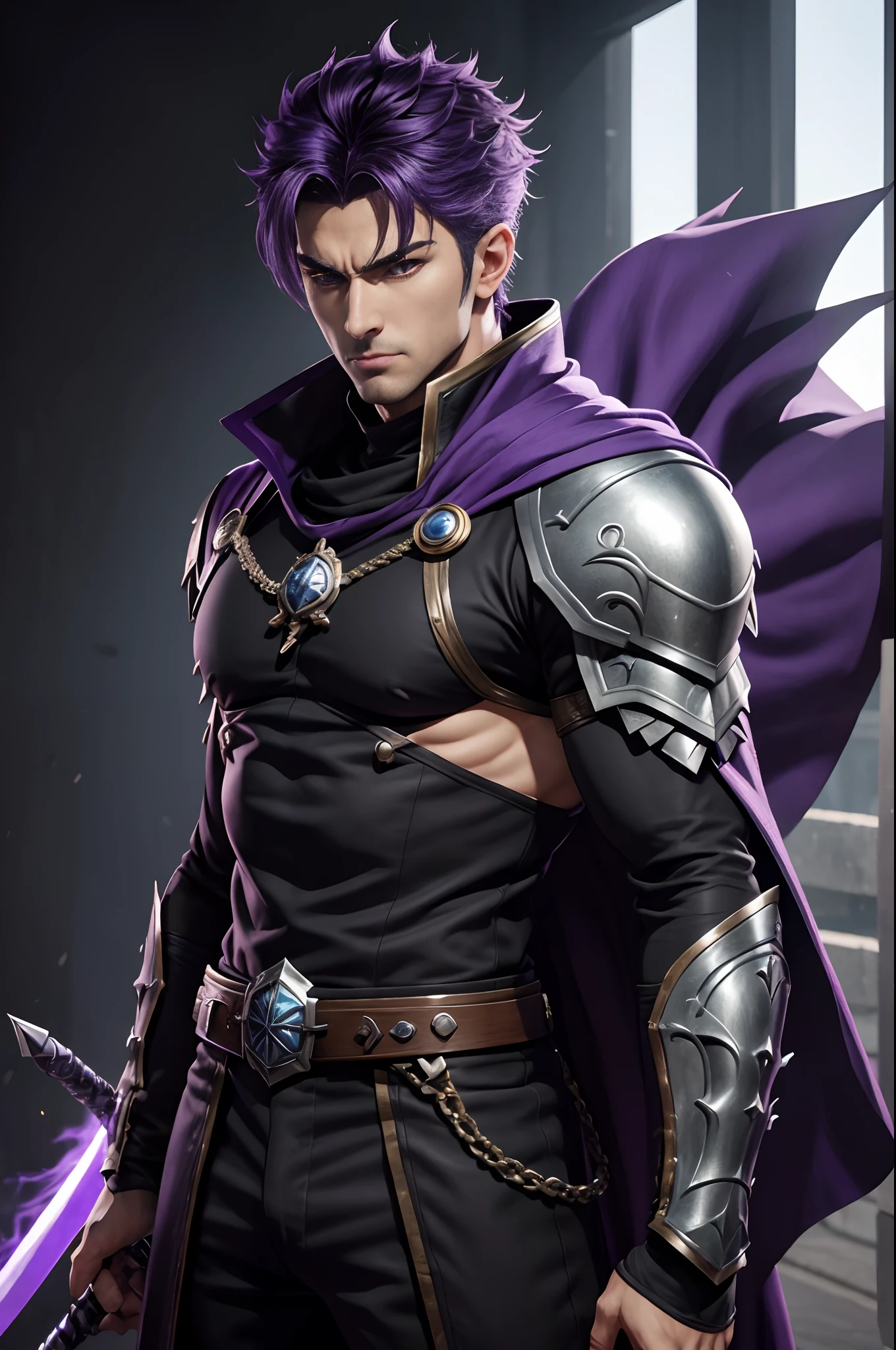 8K,Alafed Men, Black and purple exterior,Big sword armament,Super handsome,Purple and white mohawks,Bird-like eyes,Unreal Engine , joseph joestar, Trending in art stations, dio brando, highly detailed exquisite fanart, 3 d render character art 8 k, very detailed Artgerm, Muscular male hero with a thin body, handsome guy in demon slayer art, range murata and artgerm