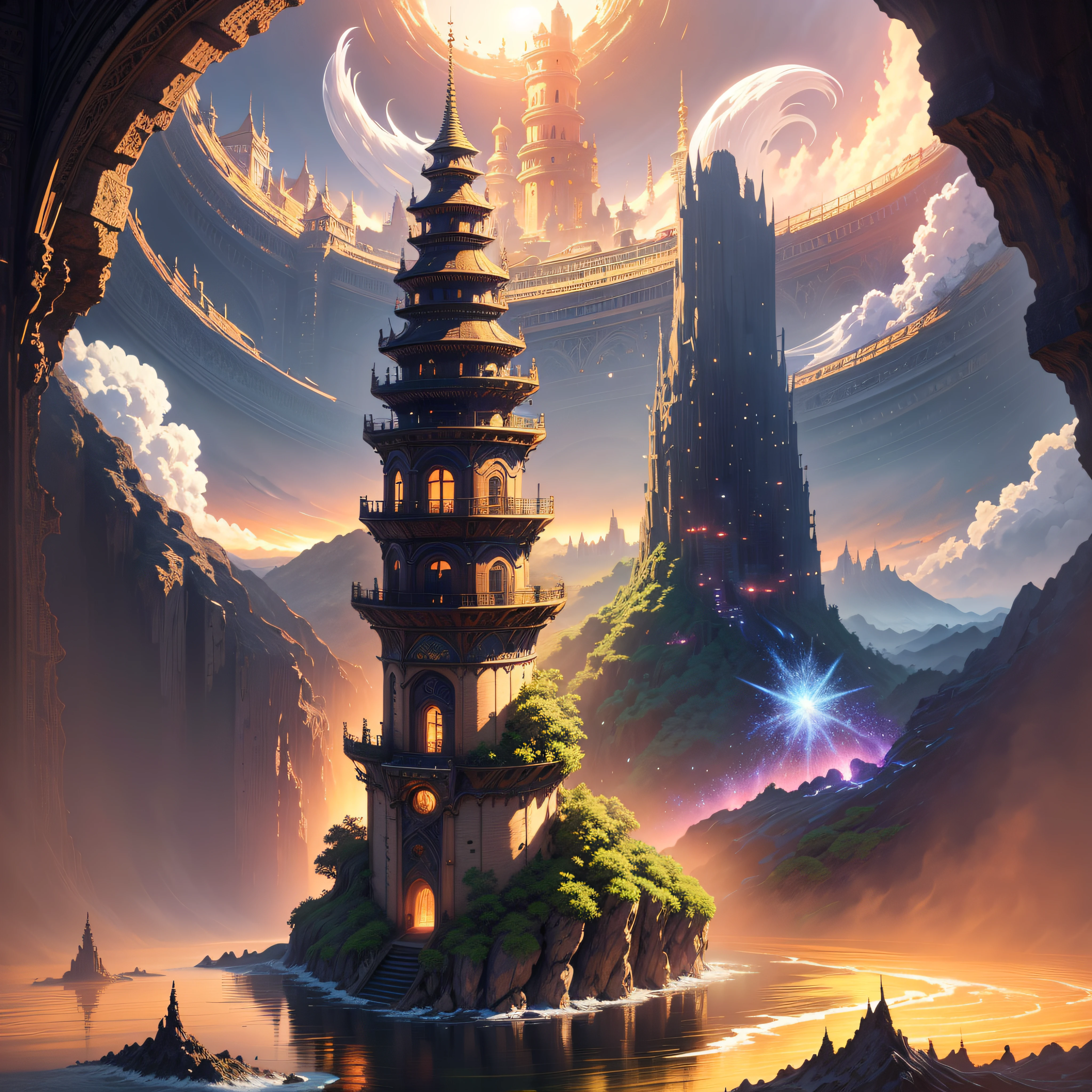 "(masutepiece:1.2), high intricate detailed, ff14style, Dynamic Painting, Depicted a bustling mysterious city with a majestic bridge across a sparkling river, Surrounded by a huge mysterious tower where towering waterfalls occur. The vast landscape is、Explode with vivid colors in the golden hour of photography."