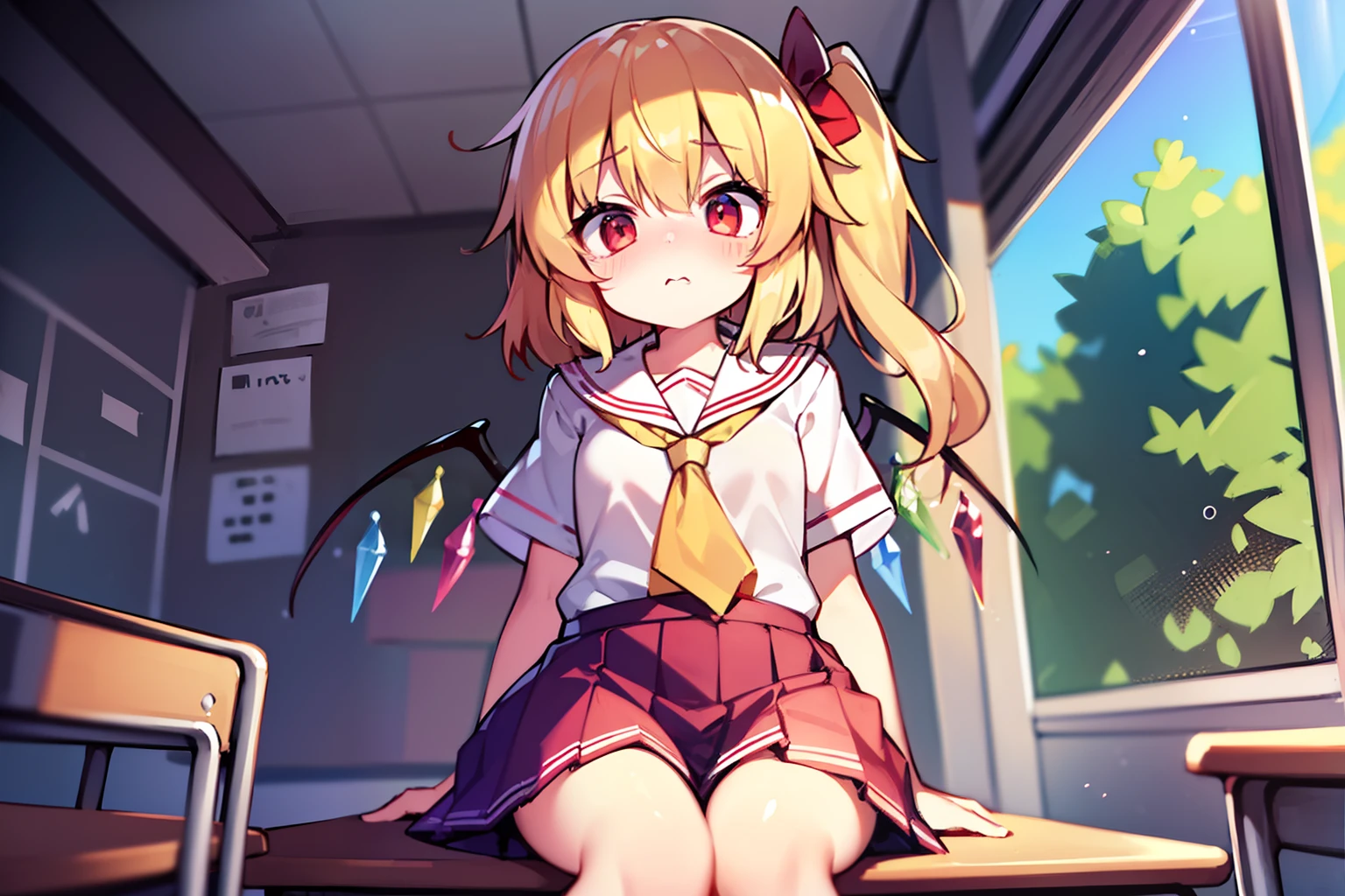 (((Wearing a school uniform)))、Flandre Scarlet、 beautiful countenance、(Eye Highlights)、embarrassed from、Short side tail、suprised、Inside the classroom、Petite