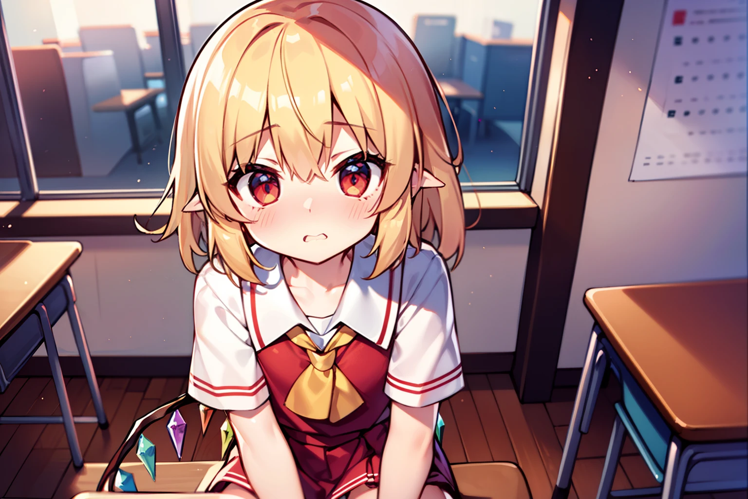(((Wearing a school uniform)))、Flandre Scarlet、 beautiful countenance、(Eye Highlights)、embarrassed from、Short side tail、suprised、Inside the classroom、Petite