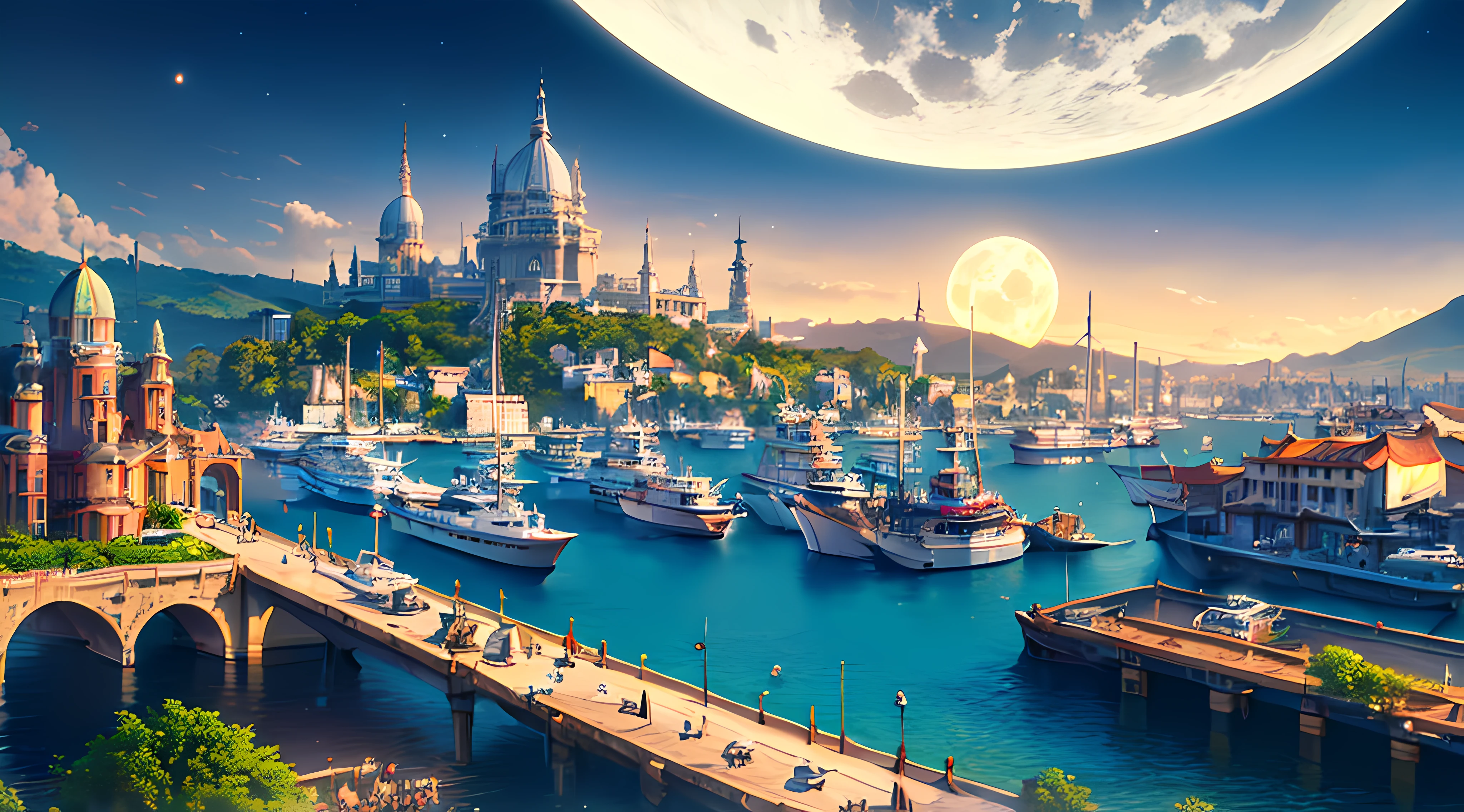 (in 8K, Raw photo, Best Quality, masutepiece:1.2), ultra-detailliert, 超A high resolution, (Realistic, photographrealistic:1.37), Portrait, high-definition RAW color photography, professional photograpy,Angle from above、Professional Writing、extremely delicate and beautiful, Extremely detailed, 8k Wallpapers, amazing, finely detail, Huge file size, Official art, the Extremely Detailed CG Unity 8K Wallpapers, highly detailed beauti.Big pale moon、The port town、Big ocean、Lots of ships、Western-style city、during daytime