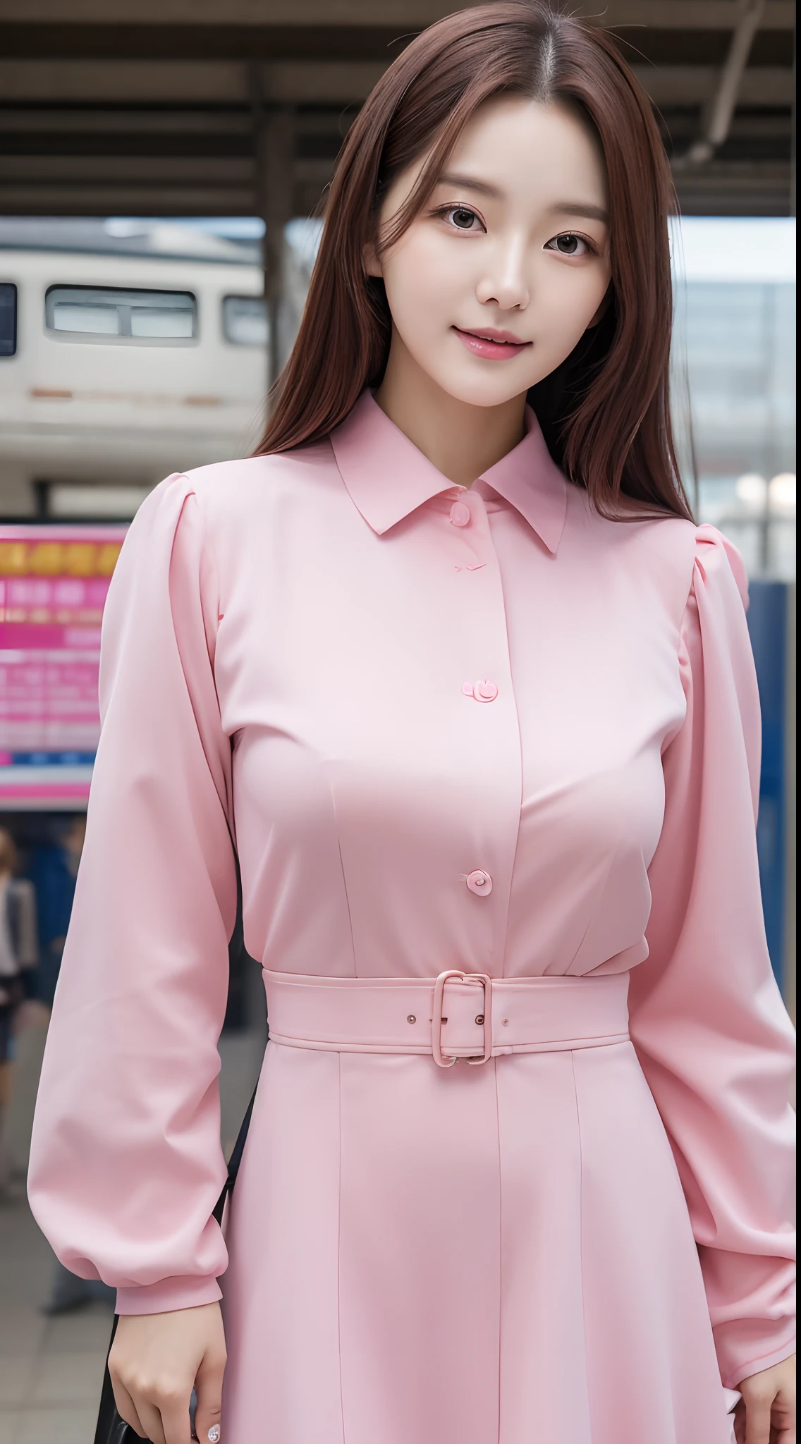 Realistic photos of (1 cute Korean star) hime cut, slightly smile, 32 inch breasts size,wearing pink long sleeve shirt, dress, standing at train station, close-up portrait, UHD