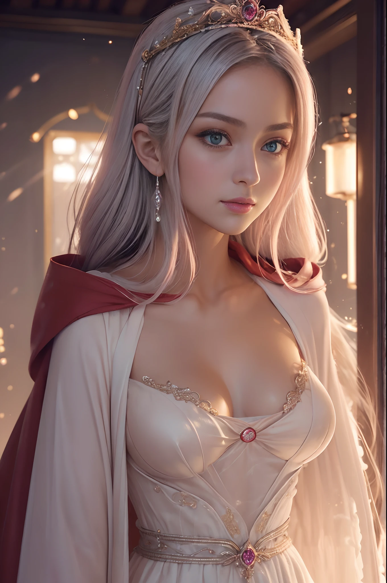 (​masterpiece:1.2)、top-quality、(illustratio:1.2)、(The ultra-detailliert)、Eye focus、(Expertly crafted shine、pink lens flare)、(Cinematic background)、Hyper-detailing、(delicate detail)、(intricate detailes)、octan render、nffsw、(Hyper-detailing:1.15)、(softlight:1.2)、Super beautiful princess in silver tiara、Woman in a very beautiful red and white dress、Golden decoration(super model:1.3)、Woman made up of paint、entirely paint、Splat、Splash、bionde(bionde:1.1)、(radiant eyes)、((make - up))、(Cinematic Masterpiece)、Delicate and powerful、 (Cinematic headlight)、((Caustic))、dynamic ungle、Beautiful detail glow、Ambient Occlusion、ambient lights、ray trace reflection、(Best Illumination、Extremely delicate and beautiful)、((ciinematic light))、(The soft:2)、Vivid and high contrast、Contrejour、Sexina Pose,Colossal tits、EABA in intricate details、red cloak、Touching hair,