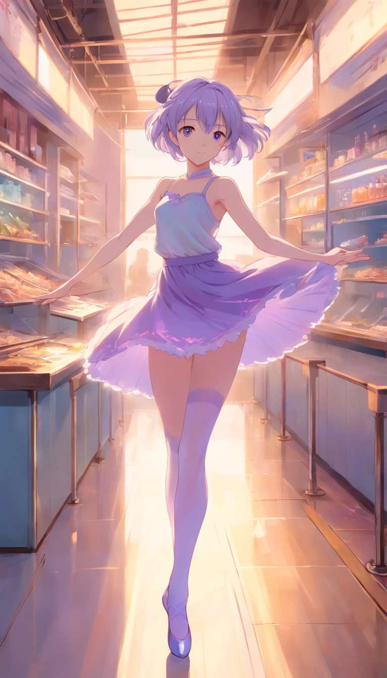 best qualtiy, tmasterpiece, 超高分辨率, realisticlying, 1 girl,long white hair,Heterochromic pupils,Long legs,(Ballet set)plumw,Light purple tube stockings,Light-colored plate shoes,Dance ballet,wide angles