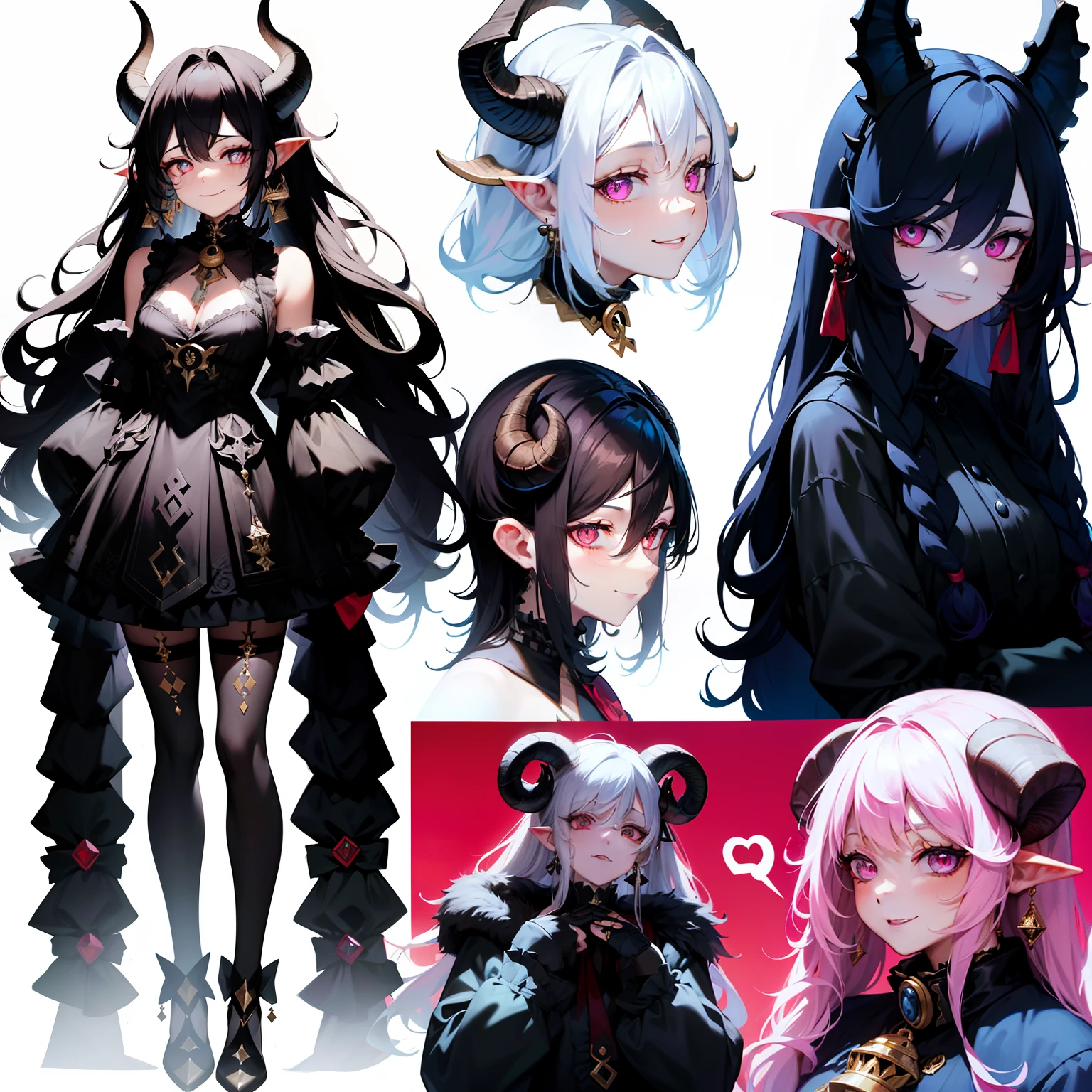 A beautiful demon woman has a scary smile , a pair of goat horns with bell decoration, beautiful innocent eyes, wearing a rococo dress and black stockings, full body photo