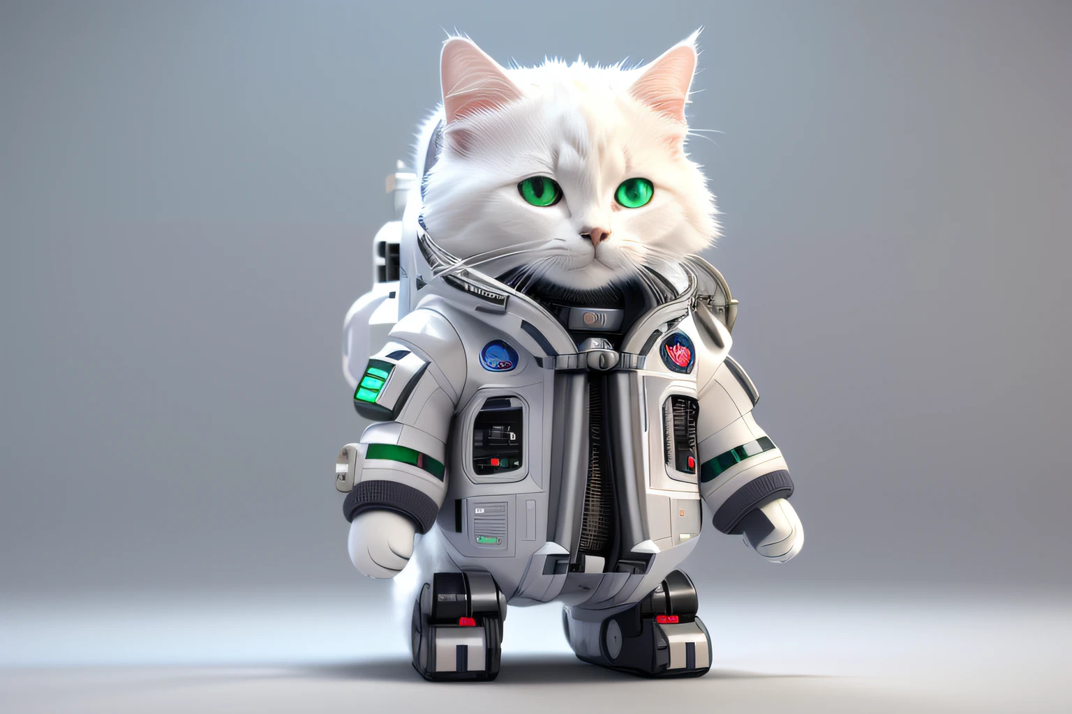 Allahed White Cat in a spacesuit with green eyes, astronaut cat, cyborg kitten, space cat, robotic cat, cyborg cat, cute 3d render, cyborg cat, Cyberpunk cat, anthropomorphic female cat, robotic cat, Anthropomorphic cat, Cat Robot, cat in space, marmoset render, cybercat, scifi character render