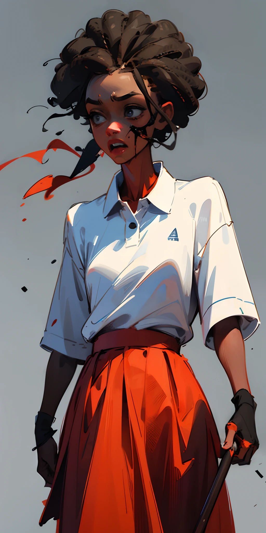 Black african girls in Red skirt and white polo Shirt, zombie apocalypse background