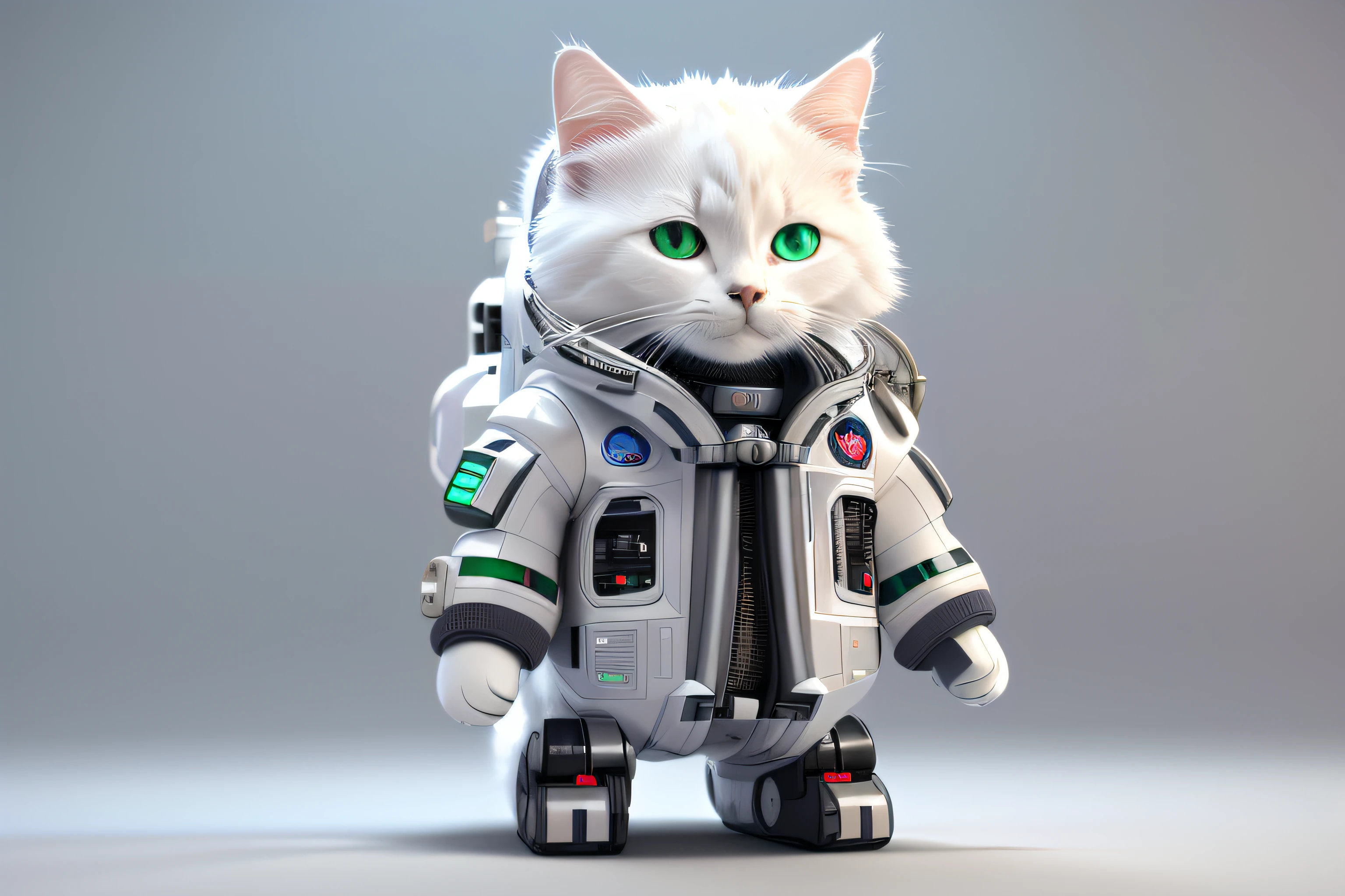 Allahed White Cat in a spacesuit with green eyes, astronaut cat, cyborg kitten, space cat, robotic cat, cyborg cat, cute 3d render, cyborg cat, Cyberpunk cat, anthropomorphic female cat, robotic cat, Anthropomorphic cat, Cat Robot, cat in space, marmoset render, cybercat, scifi character render