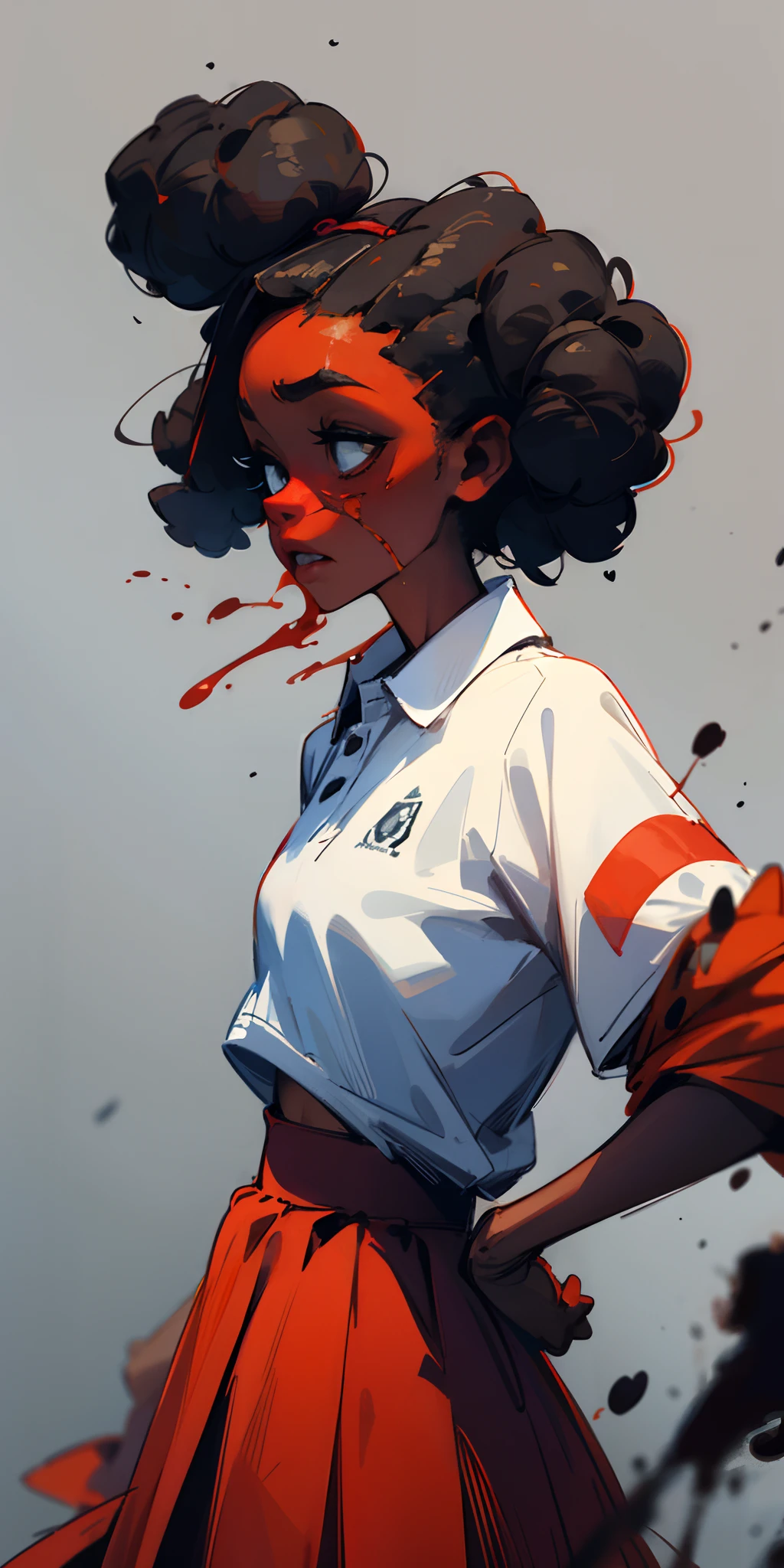 Black african girls in Red skirt and white polo Shirt, zombie apocalypse background