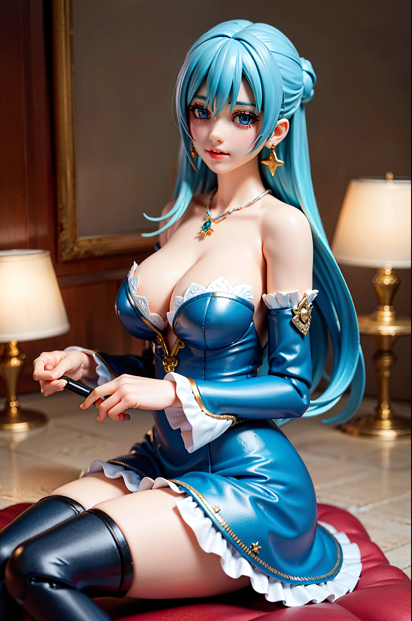 best quality,masterpiece,realistic,HDR,UHD,8K,best quality,masterpiece,Highly detailed,ultra-fine painting,physically-based rendering,extreme detail description,Professional,1girl, solo, long blue aqua hair, breasts, jewelry, dress, looking at viewer, large breasts, blue aqua hair, star earrings, thighhighs, pink dress, necklace, cleavage, parted lips, curtains, red lips, sitting, blue eyes, plunging neckline, indoors, pvc, (figma),