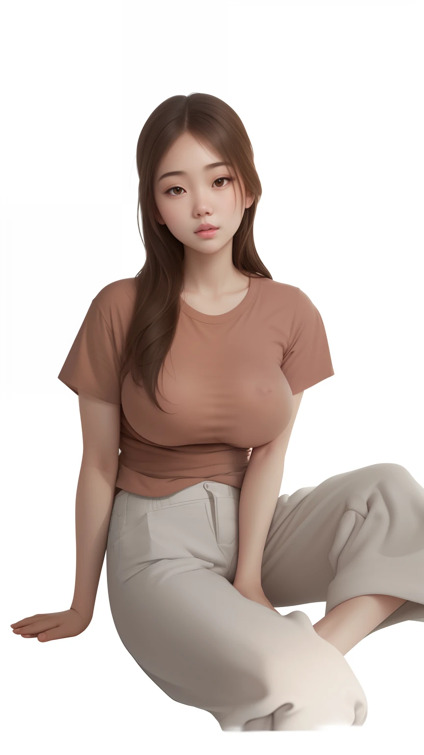 (best quality), big head, (1girl with gigantic breasts:1.3) Korean, Pale skin, Comfortable, Minimalism aesthetic, clean , Fresh , Fat girl , Brown hair , Sit poses , T-shirt , Cozy pants , Weekend , Enjoyed , Ultra Hd , 8k