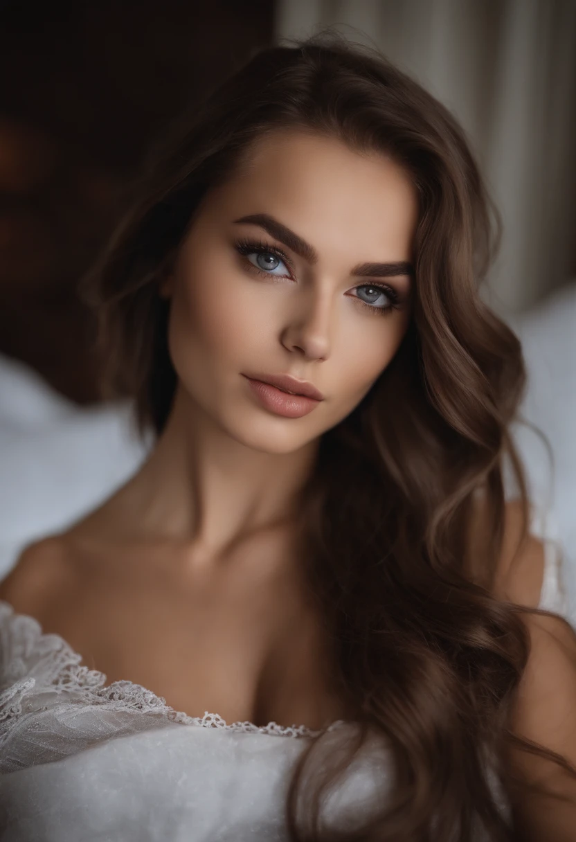 arafed frau voll , Sexy girl with brown eyes, ultra realistisch, Akribisch detailliert, portrait sophie mudd, brown hair and big eyes, Selfie einer jungen Frau, Augen im Schlafzimmer, Violet Myers, ohne Make-up, Natural makeup, Blick direkt in die Kamera, Gesicht mit Artgram, dezentes Make-up, Stunning full body shot, die auf dem Bett kniet, im Schlafzimmer, medium to large bust holds a piece of paper in his hand