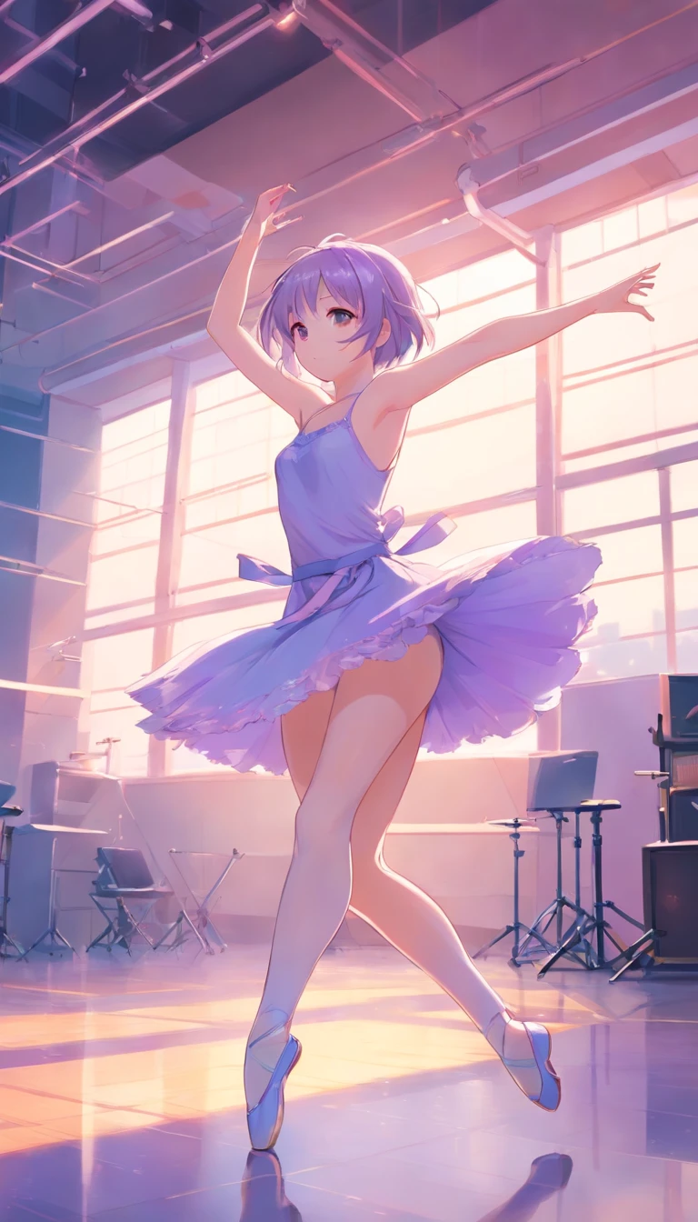 best qualtiy, tmasterpiece, 超高分辨率, realisticlying, 1 girl,long white hair,Heterochromic pupils,Long legs,(Ballet set)plumw,Light purple tube stockings,Light-colored plate shoes,Dance ballet,Practice room,wide angles