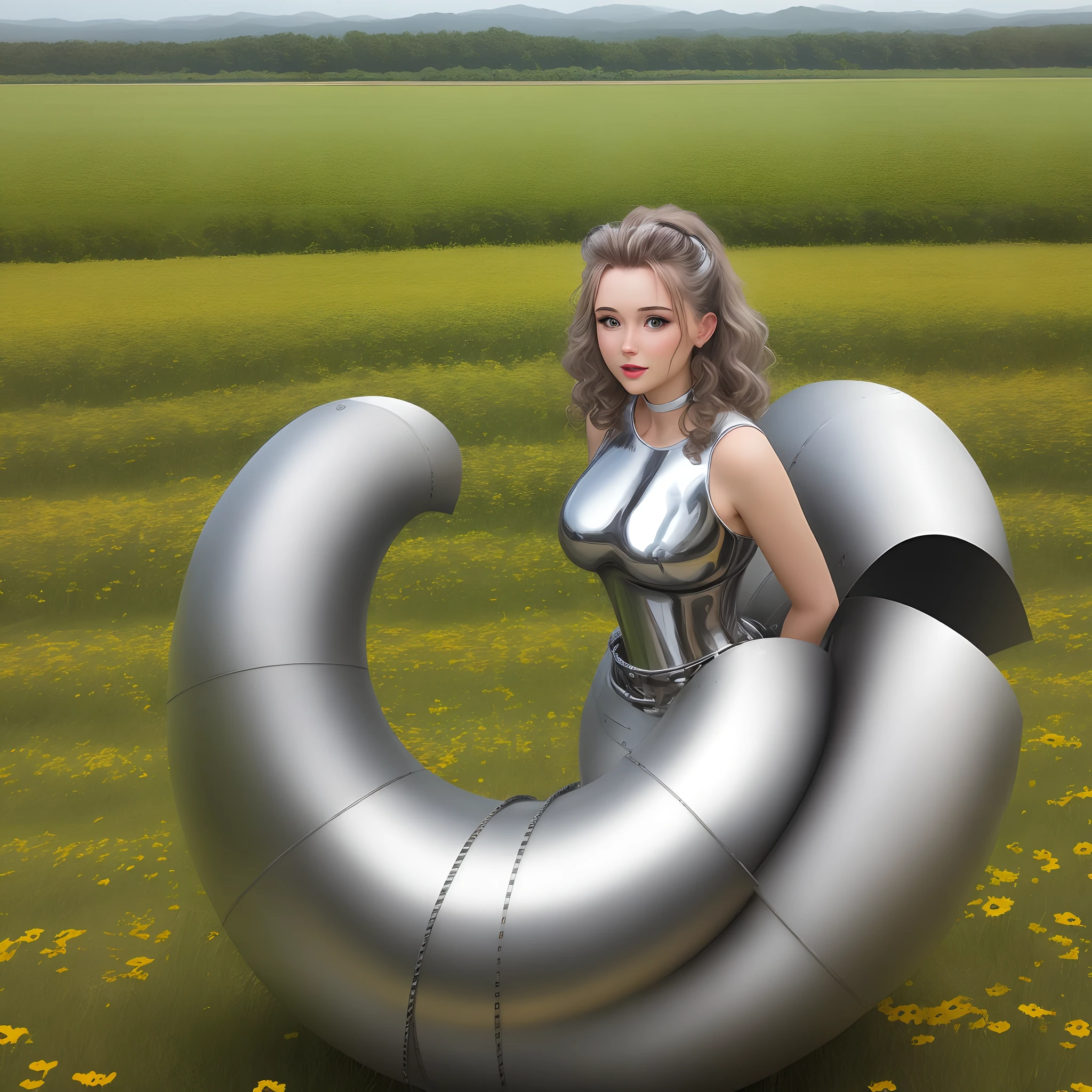 Pretty woman in a field of stainless steel coils