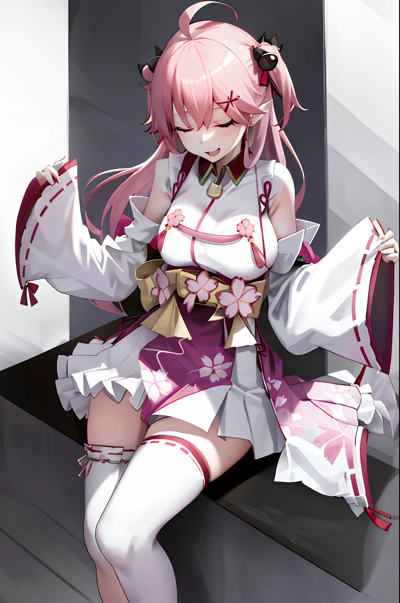 masterpiece, best quality, highres, miko1, sakura_miko, 1girl, big_boobs, solo, ahoge, x_hair_ornament, pink_hair, floral print, hairclip,(side_less_clothes:1.5), (side_boobs:1.5), hair_bell, floral print, long_hair, hair between eyes, one side up, white thighhighs, asymmetrical legwear, wide sleeves, open_mouth,(happy:1.3),green_eyes,big_smile,(raise_leg:1.3),plump,apart_legs,(overly_long_sleeves:1.3),),sleeves_past_wrists,hands_hidden_sleeves,sidelock_clothes,solo,hidden_wrists,(XD:1.5),covered_nipples,plump,sunlight,(bare_flank:1.3)