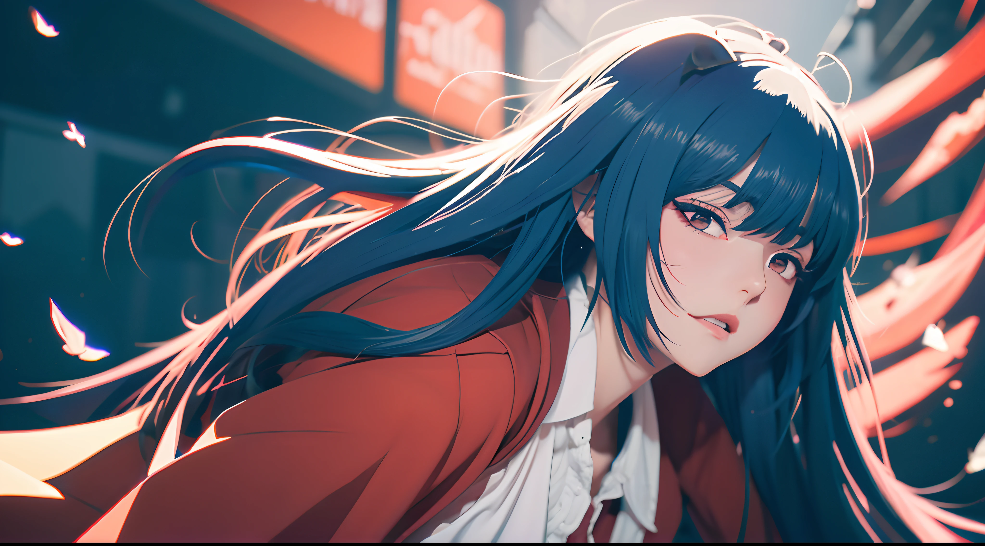 anime com cabelo azul e colete vermelho com olhos azuis, estilo anime 4K, Anime Art Wallpaper 8K, arte de anime digital detalhada, badass anime 8 k, arte de anime digital, Anime Art Wallpaper 4K, Anime Art Wallpaper 4K, arte digital estilo anime, Papel de parede anime 4k, estilo anime. 8k, 4k anime wallpapers, Anime Wallpaper 4k