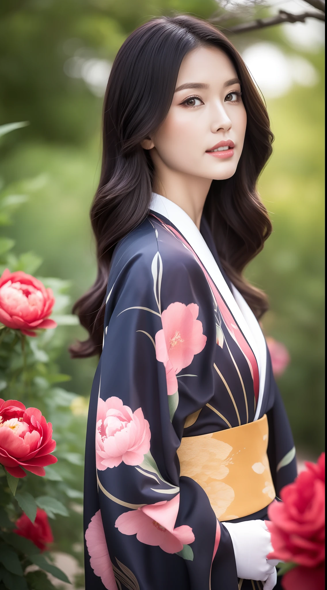 （Kimono made of peonies，lots of roses），Contemporary art，Complex design，top-quality，8K，tmasterpiece：1.3，Clear focus：1.2，Beautiful Women in Perfect Figure：1.4，Highly Detailed Face and Skin Textur，Detailed eyes，cparted lips，fully body photo，