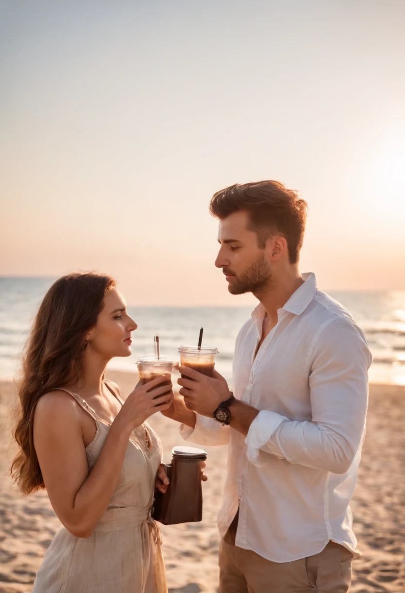 seaside,Guy and girl drinking coffee on the beach, Sundown