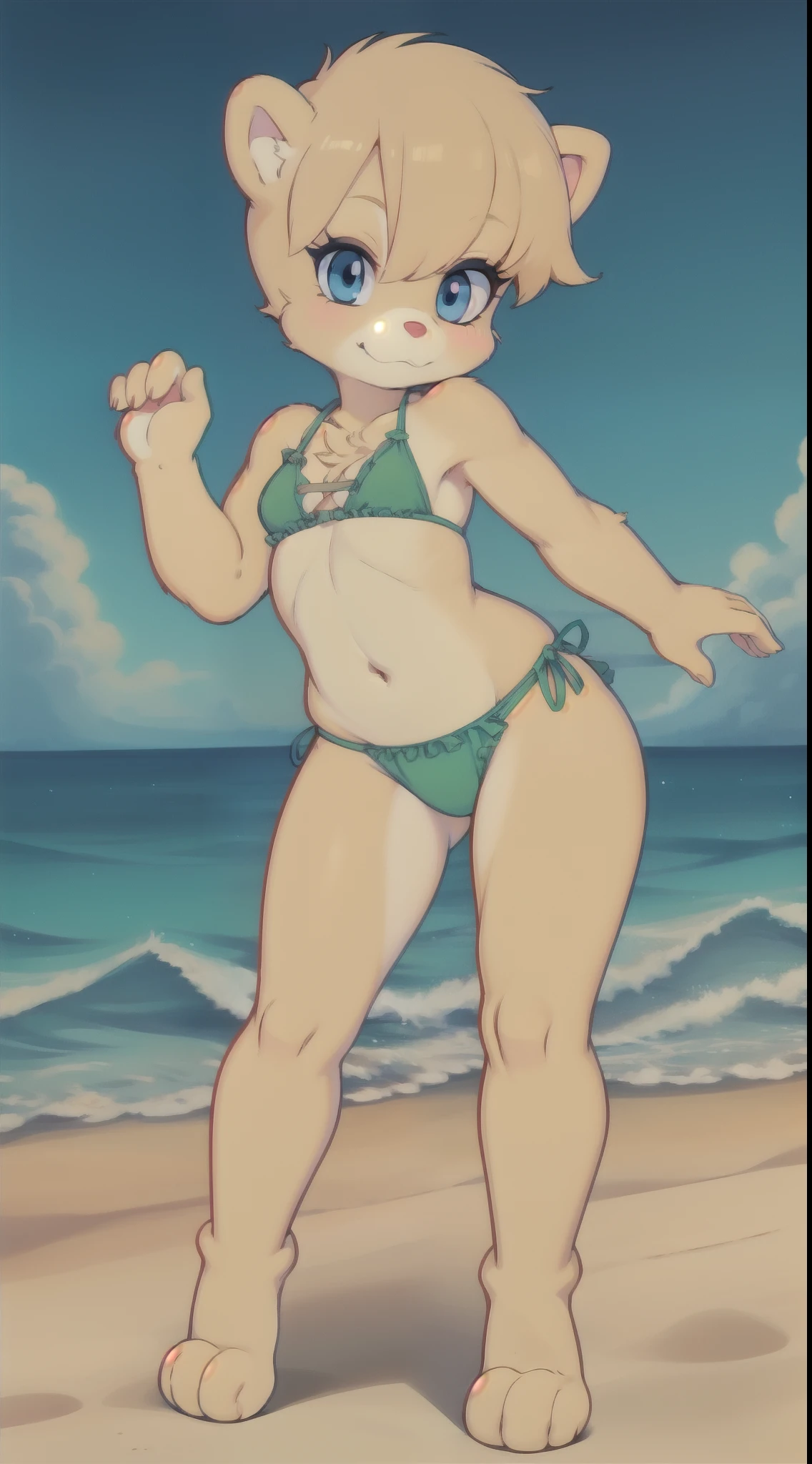 Sunni Gummi, bear, gummi bears, Young, small breasts, emo hairstyle, yellow body fur, blue eyes, red nose, detailed body fur, detailed body, detailed face, detailed eyes, detailed background, glistering body, shiny body, paws whit three toes, standing, beach, clear sky, green frilly bikini, :3, sassy face, anime style, full body, solo,