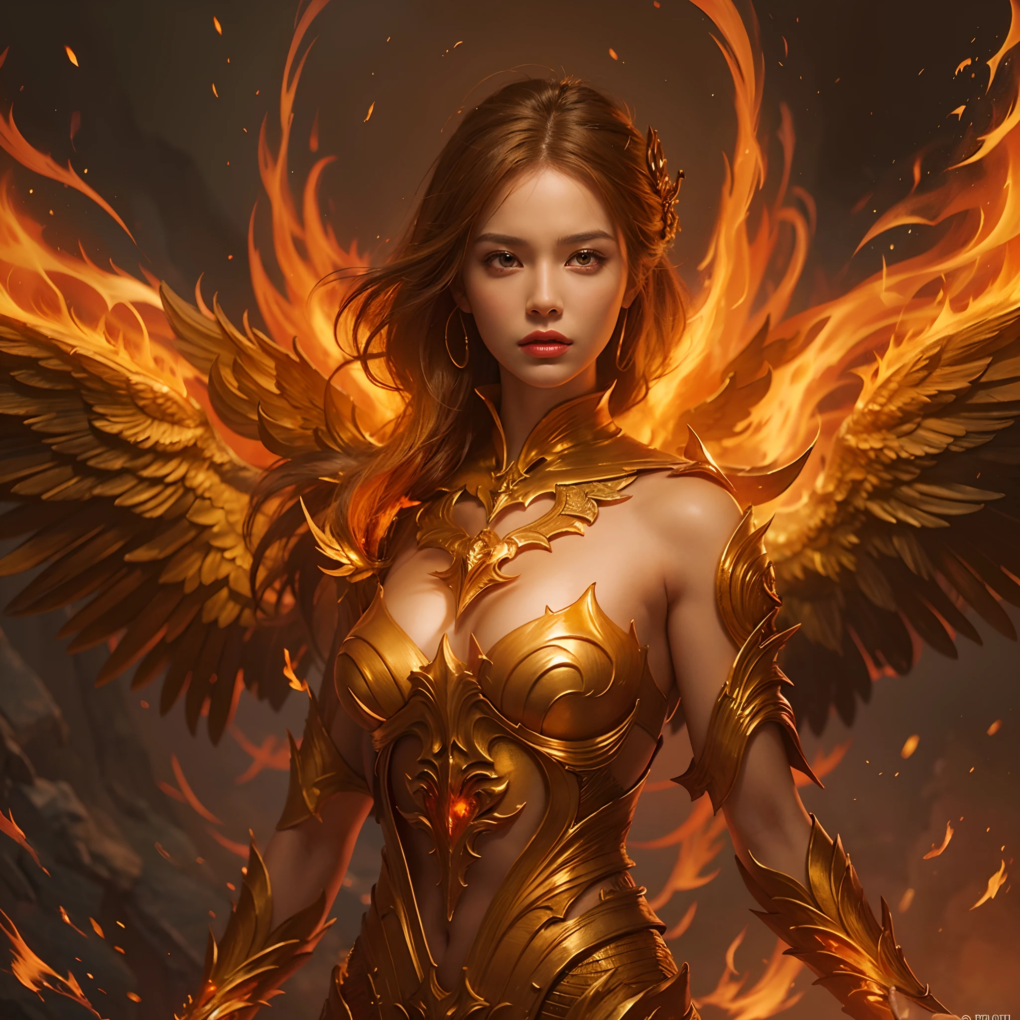 A woman who is，There is fire and flame on the body, with fiery golden wings of flame, with fiery golden wings, Epic fantasy art style, concept-art | Art germ, phoenix warrior, Epic fantasy digital art style, female lord of change, Elementalist, epic exquisite  character art