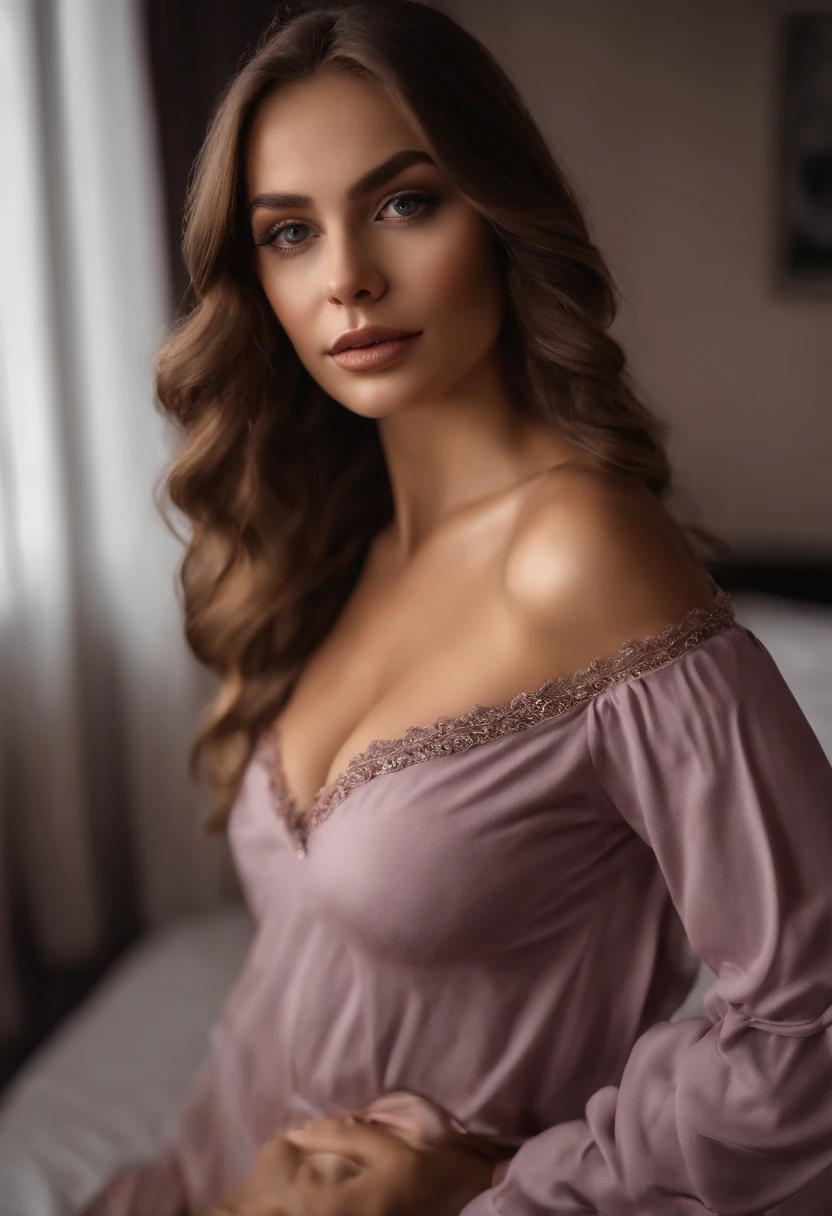 arafed frau voll , Sexy girl with brown eyes, ultra realistisch, Akribisch detailliert, portrait sophie mudd, brown hair and big eyes, Selfie einer jungen Frau, Augen im Schlafzimmer, Violet Myers, ohne Make-up, Natural makeup, Blick direkt in die Kamera, Gesicht mit Artgram, dezentes Make-up, Stunning full body shot, die auf dem Bett kniet, im Schlafzimmer, medium to large bust size, Holds a piece of paper in his hand