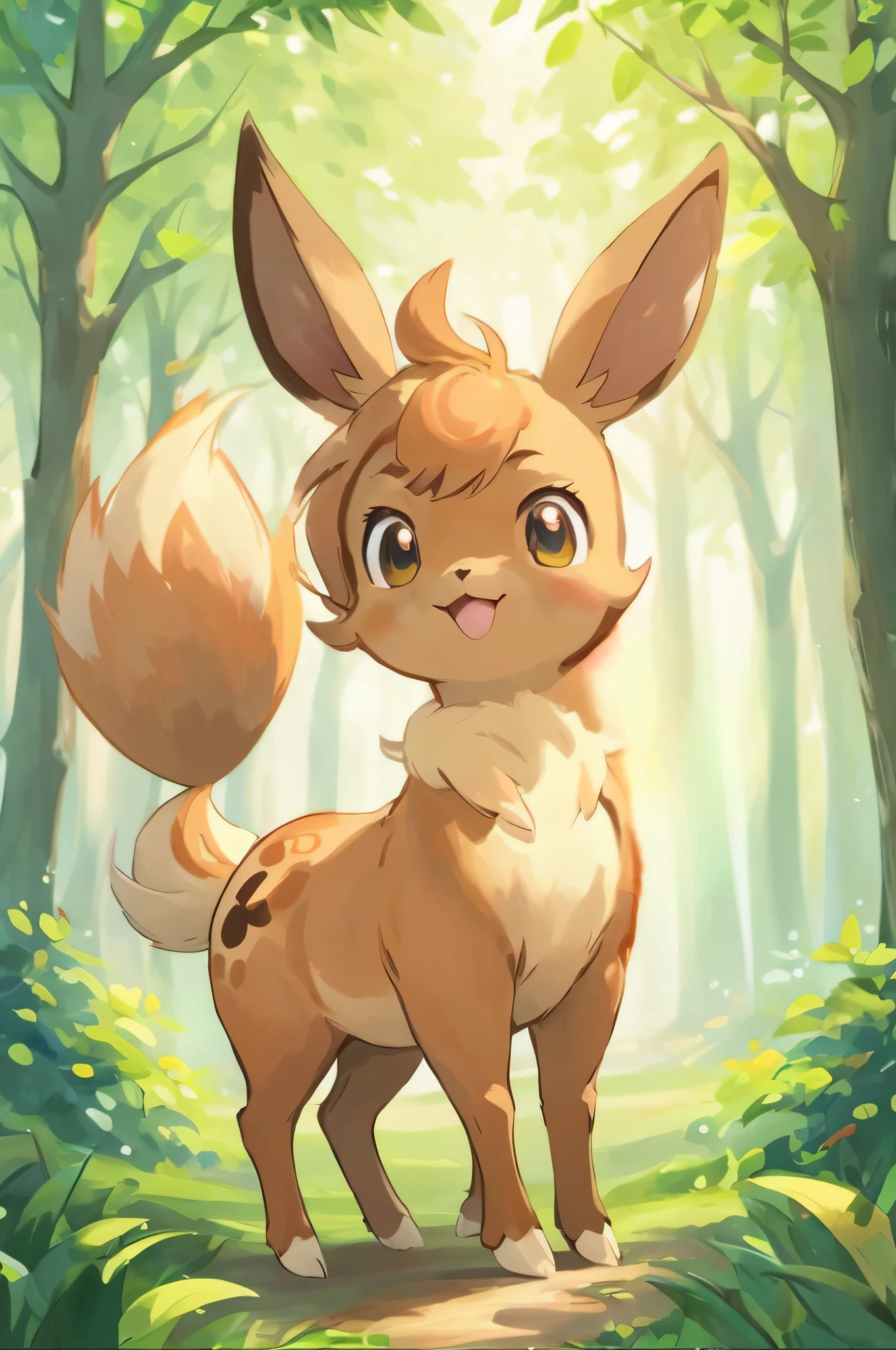 Pokemon fan art of a cute little fox in the woods, Eevee, lovely digital painting, illustration pokemon, blender eevee render, pikachu in a forest, cute forest creature, pikachu in a forest, style of cute pokemon, pokemon art style, offcial art, Cute detailed digital art, melting into vulpix, the fox-like evolution pokemon, Detailed fanart