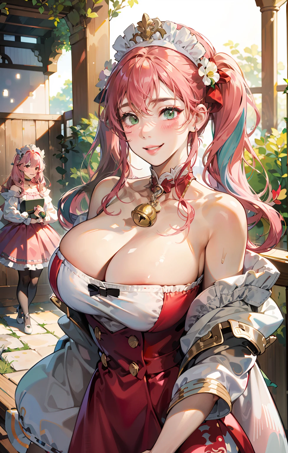 ager woman、2 girls:2、with round face、Young features、Pink dress、White headdress、Collar with bell、, award - winning photo, poneyTail, Smile,Pink hair,length hair ,​masterpiece, top-quality, Hi-Res, red blush , Just look at the audience, Shy smile、Embarrassed look、Cat's ears、Cat tail、in woods、pasture、Green Tree々、Gentle shading、Calm palette、Detailed ambient occlusion、Muted shades、dull color、plump figure、thick waist