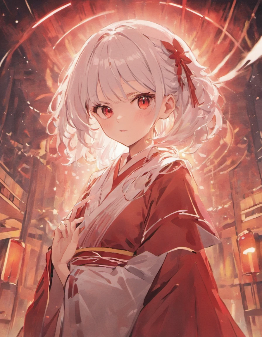 white  hair　s girl　shrine maiden　‎Classroom　red eyes　evening glow