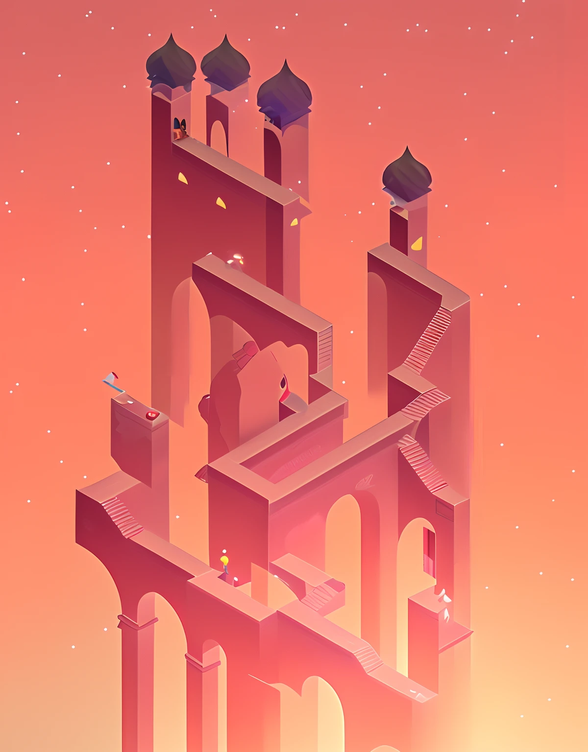 chiaroscuro, cinematic lighting, Surrealism, UHD, masterpiece, ccurate, anatomically correct, high details, high quality, best quality,a dreamy, warm evening in Monument Valley, with the sun setting in the background. The scene is bathed in soft shades of pink and orange. Towering cliffs and rock formations surround the valley, creating a majestic and awe-inspiring sight. A grand staircase leads up to a magnificent and intricately designed building, which stands tall against the vibrant sky. The entire scene is suffused with a sense of tranquility and serenity.There are moons and stars in the sky