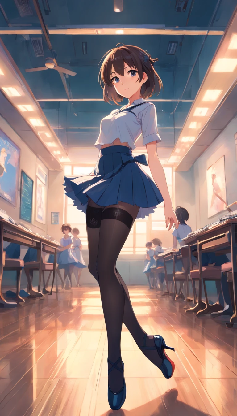 best qualtiy， tmasterpiece， 超高分辨率， realisticlying， 1 girl，cabelos preto e longos，Heterochromic pupils，Long legs，（Ballet set）Full-figured，black lence stockings，high-heels，Dance ballet，Practice room，wide angles