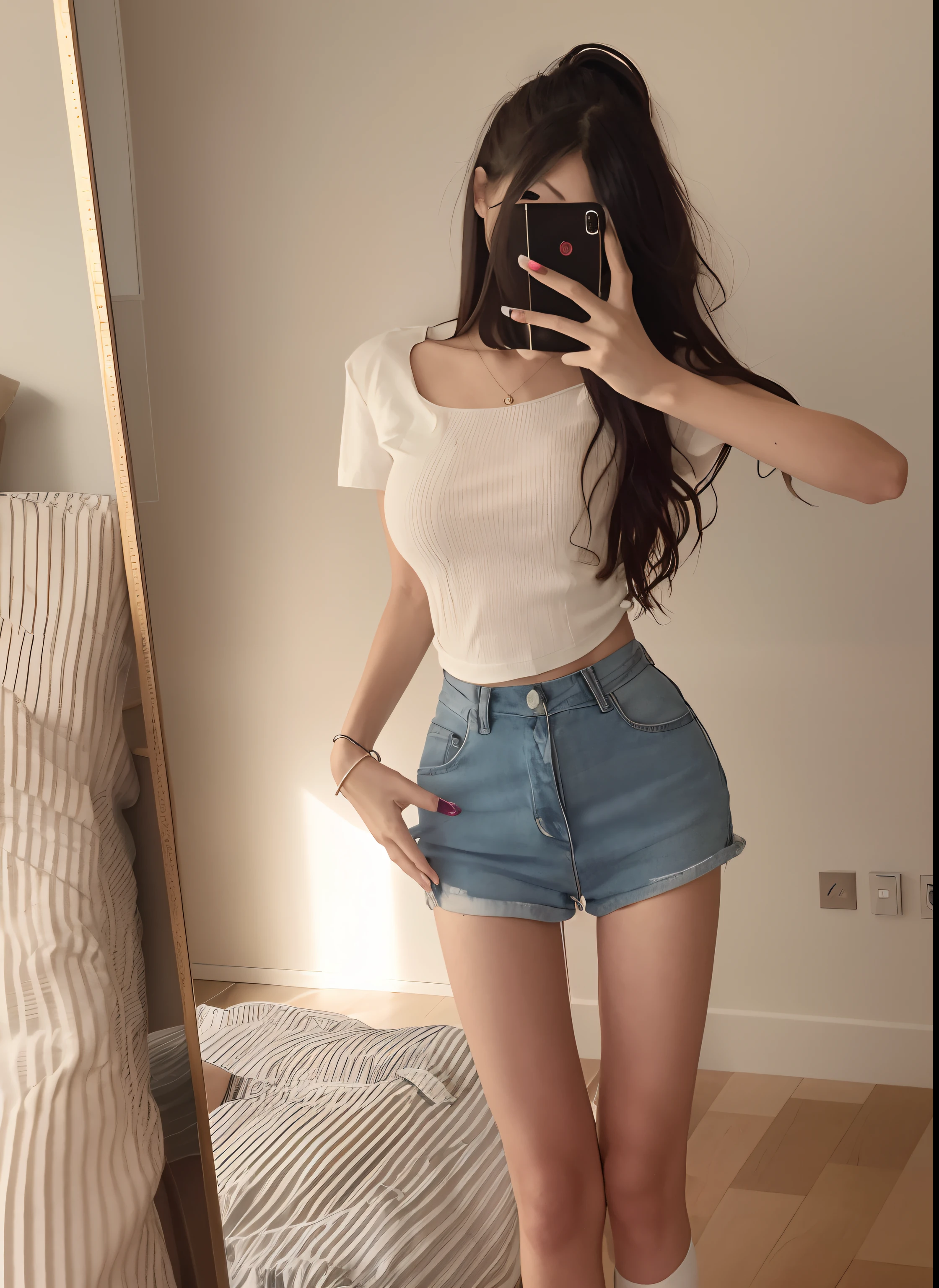 araffed woman taking a selfie in a mirror in a room, Casual clothes, wearing tight simple clothes, photo of slim girl, Simple clothes, Casual clothing, with ripped crop t - shirt, Open V chest clothes, photo of slim girl model, full body cute young lady, casual summer clothes, skinny waist and thick hips, dressed in a top and shorts