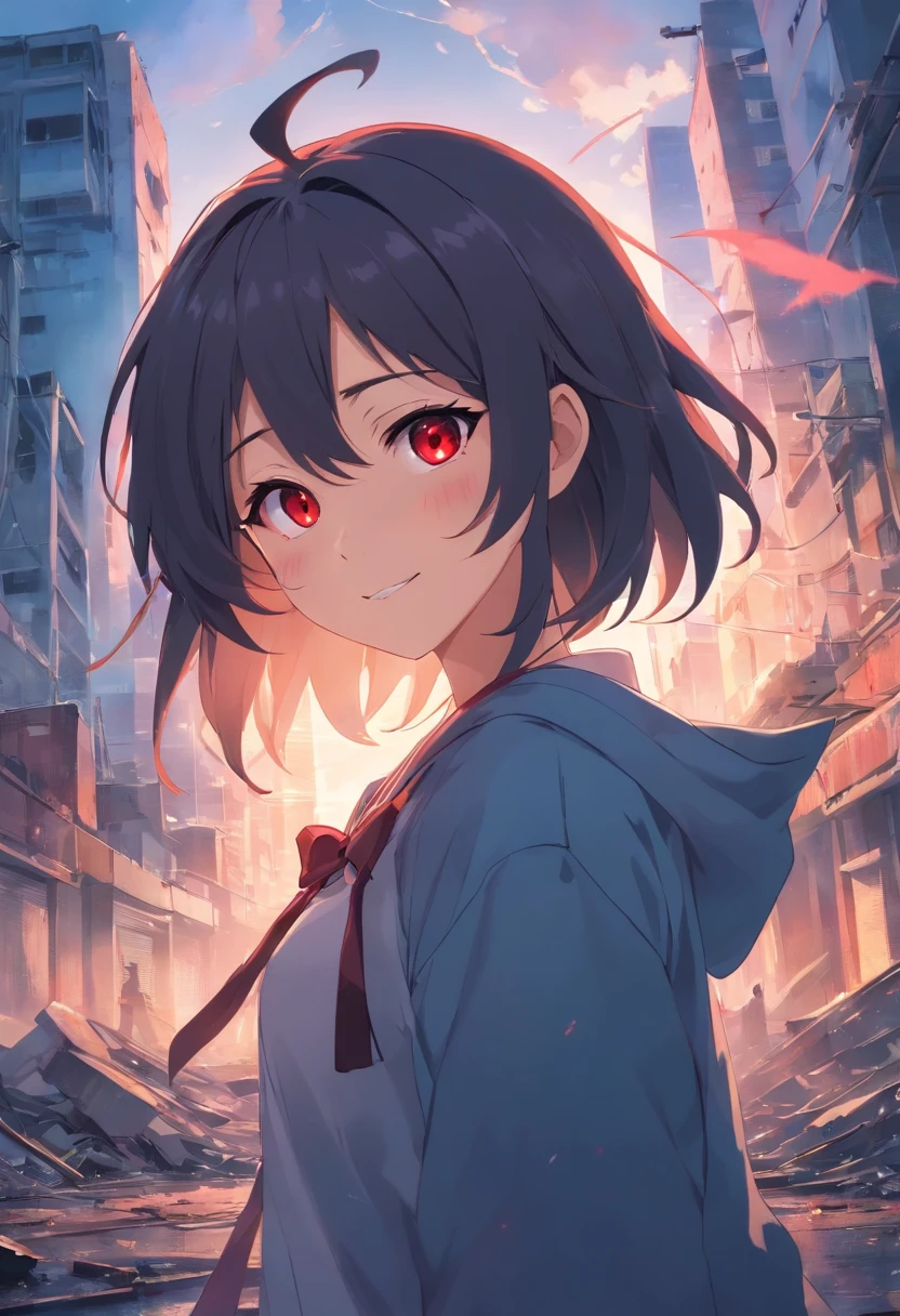 whaite hair,Red eyes, With a scary smile, long whitr hair,demonic horns,Broken sailor suit,Girl body type,There are demon wings behind it,There was a little blood on his body,8K,Look into the camera,Empty eyes,Dynamic,Background of destroyed cities