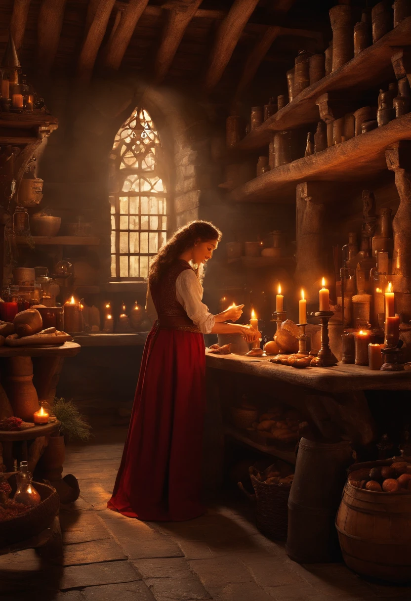 There's an Italian woman, Sentado em uma mesa com velas, She's in the bread shop, Magia, Who invokes a spell, Alquimista medieval no escuro, Fantasy Alchemist's Laboratory, Um feiticeiro arcano, Who casts a spell, ervas frescas, It's in an alchemist's lab, alchemy laboratory, Spell Wizard, magic laboratory setting