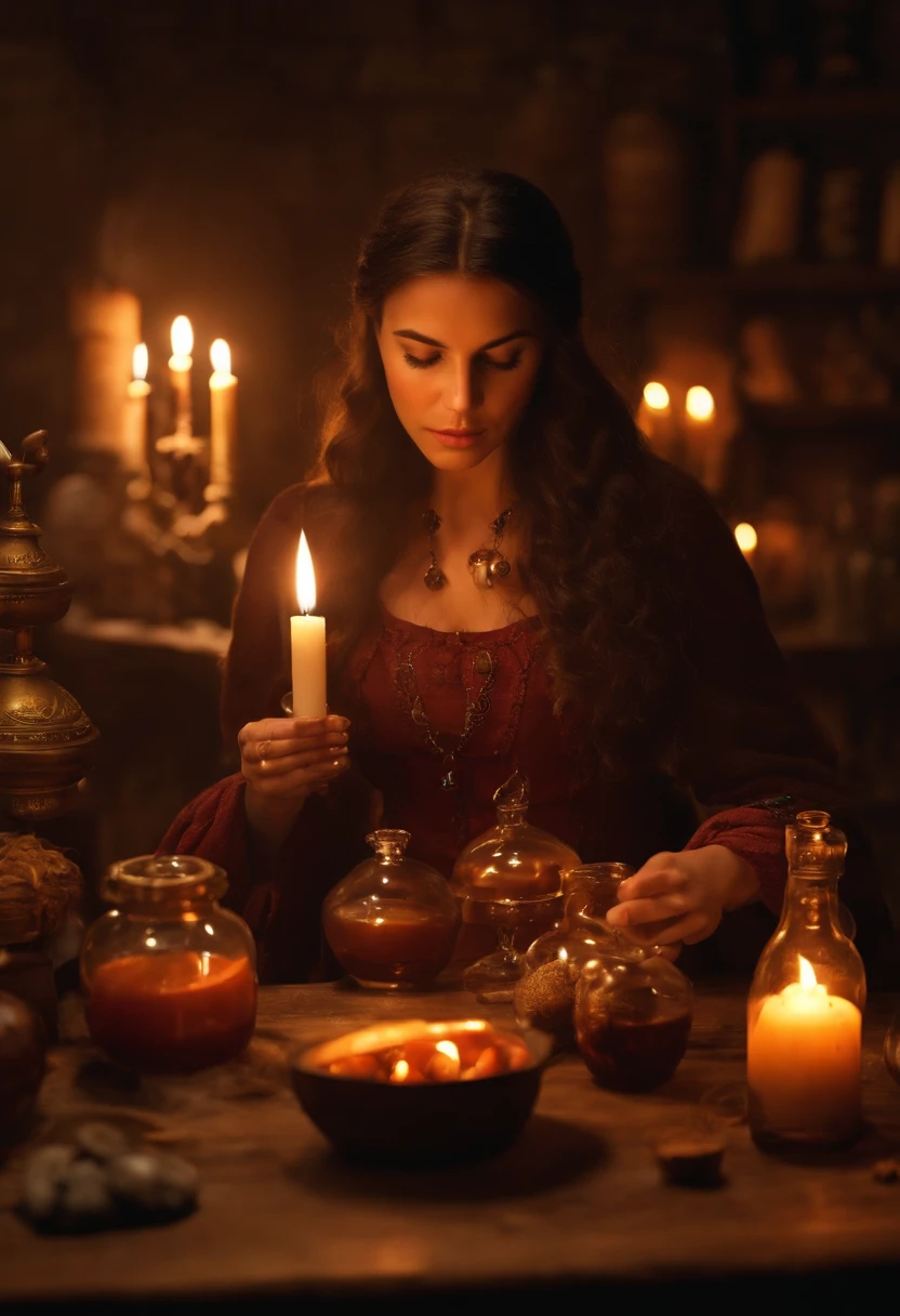 There's an Italian woman, Sentado em uma mesa com velas, She's in the bread shop, Magia, Who invokes a spell, Alquimista medieval no escuro, Fantasy Alchemist's Laboratory, Um feiticeiro arcano, Who casts a spell, ervas frescas, It's in an alchemist's lab, alchemy laboratory, Spell Wizard, magic laboratory setting