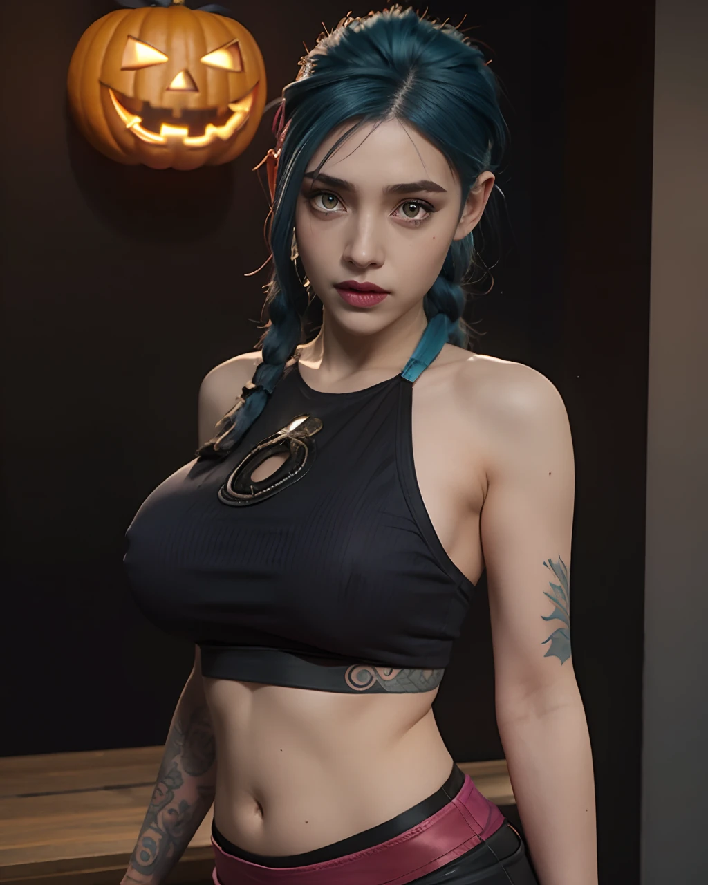 1girl, arm tattoo, asymmetrical bangs, bangs, blue hair, braid, brown shirt, cloud tattoo, looking at viewer, crazy, green hair, long hair, midriff, pink eyes, red lips, shirt, solo, standing, tattoo, twin braids, upper body, arcane jinx, jinx \(league of legends\), Halloween party, indoor,huge breasts