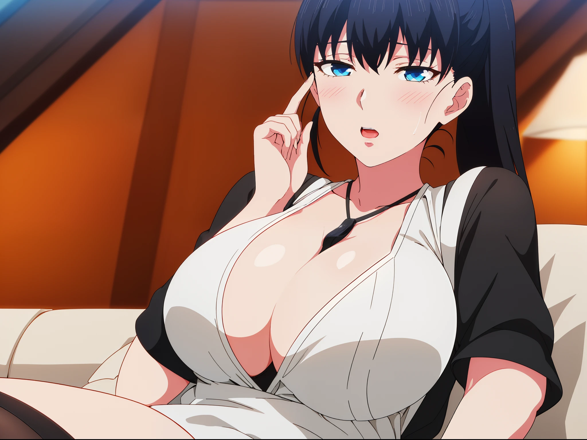 one-girl,(Wearing a maid outfit,Long black stockings,),black_Hair,Blue eyes,pony tails,bangs,Long hair, 1 girl, 20yr old,younger female,Beautiful Finger,Beautiful long legs,Beautiful body,Beautiful nose,Beautiful character design, Perfect eyes, Perfect face,Expressive eyes,Perfect balance, view the viewer,(Focus on her face),(Innocent_Swallowing_Eyes:1.0),(Light_Smile:0.3), offcial art,Extremely detailed CG unifies 8K, 8K, Diamond, and wallpaper, Perfect lighting,Colorful, Bright_Front_face_lighting,White skin, (Masterpiece:1.0),(Best_quality:1.0), 超A high resolution,4K,Ultra-detailed, Photography, 8K, hdr, (Wearing black stockings),(In the rental house,lying on sofa,Eating potato chips),A high resolution, absurderes:1.2, Kodak Portra 400, filmgrain, The background is blurred out, Bokeh:1.2, Lens flare, (vibrant_Color:1.2),profesional photo, (Beautiful,Large_Breasts:1.4), (Beautiful_face:1.5),(Narrow_waistup),(medium boob,Be red in the face,Blushlush,perspire,full of sweat,Enchanting expression,The chest is exposed,very uncomfortable expression),(The face is very red,Blushlush,shyexpression,A thick necklace is worn around his neck)