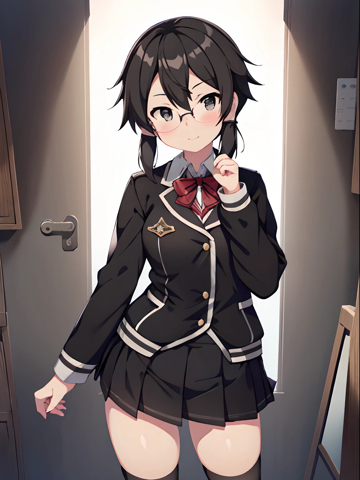 {shino asada, (black eyes:1.5), black hair, hair between eyes, hair ribbon, short hair, sidelocks, glasses}, Highly detailed and realistic CG, Colorful, Masterpiece, Best Quality, novel illustration,1girl in, Solo, loose socks, contrapposto, stylish pose, troubled face, miniskirt, black school uniform, zettai ryouiki, pupils, pupils sparkling, adjusting eyewear, fingersmile,