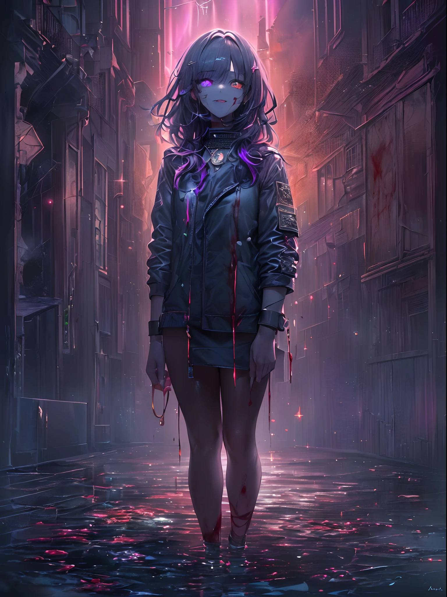 Dark Focus ,(((horror art:1.5, terrorism, creepy:1.5, the whole body is covered in blood,,,,,,, blood eyes:1.5、Return blood:1.5)))、 (Dark gradient watercolor :1.5, Lens Flare:1.5 , Glitter :1.5),full body Esbian、monstergirl、Glow , Dreamy , Dark background、Grid illusion, Colorful, girl、(((Ruin background:1.5,Psychic in the background:1.5))),((extremely detailed eye:1.5)),{{{Ultra 8K resolution}}},((masutepiece, of the highest quality, Beautiful and aesthetic: 1.2)),{{hyper detailed masterpiece: 1.7}}, {{Cinematic lighting}},(The hair　Transparency:1.5）,(dark hue:1.5，Dark Tone，Big aurora borealis background in the dark:1.5、The Darkness:1.5，Cold reflection:1.5，Object edges are reflected in purple:1.5) 、(Golden ratio: 1.2), (Full body: 1.2), (Super Detail: 1.3), (girl with: 1.3), (Fractal Art: 1.3), {{{Glitter Pupil:1.25}}}) , ((Half purple and half black cat hair:1.5,Shiny hair: 1.2)), (Heterochromia), (full body Esbian), (Hyper-detailing), ((delicate detail)), (intricate-detail), ((Cinematic Light, Highest quality backlight)), High contrast, {{{The best lighting, Very delicate and beautiful}}}, (( Cinematic Light)), (ray trace reflection, Glow), (((glowing aura)), {{{Glowing hair:1.25}}}, ((Super Detail)), (8K)), ((a closeup)), ((Brown skin)), ((Seductive smile)) ,((high angle full body shot)), (Full body:1.2)