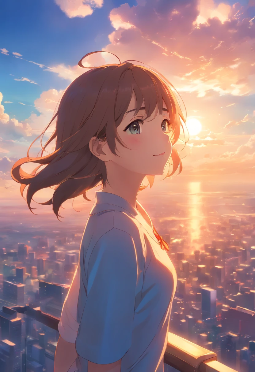 ​masterpiece、top-quality、Movie stills、1girl、Cloud Girl、floating in sky、a closeup、发光、happiness、Warm soft lighting、the setting sun、(Spark:0.7)、cat ear、long hair、forehead,