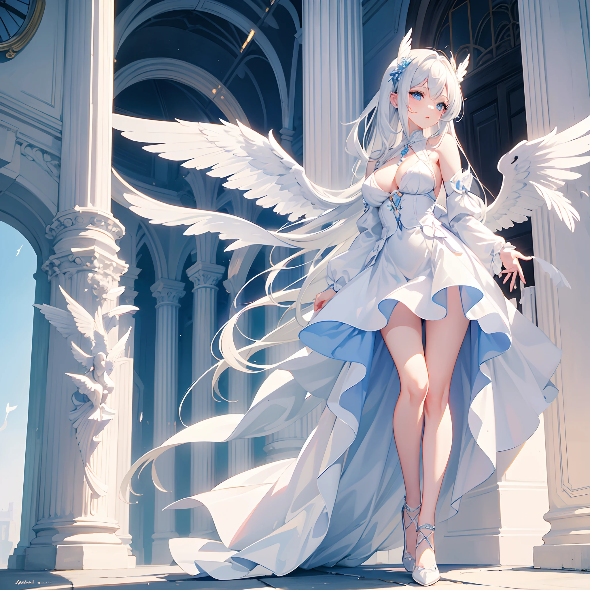 masterpiece, best quality, ultra -detailed, finely detail, White girl, angel, two big wings, white hair, blue eyes, sexy, sexy pose, pastel blue dress, full body, long hair, fringe, pastel blue dress, white shoes, acessories, wings on the back, big lips, big boobs, small waist